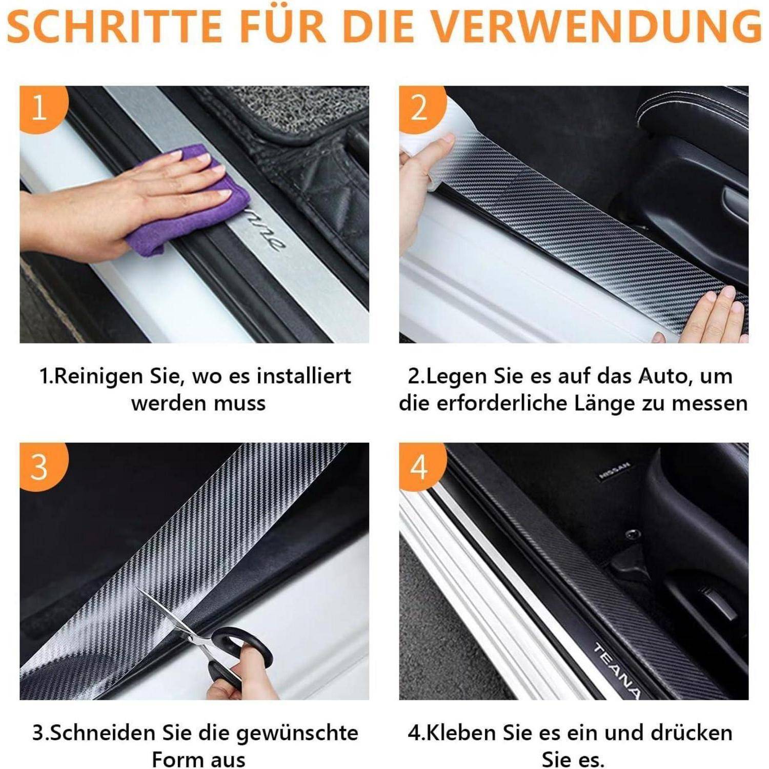 Vierschrittiger deutscher Installationsleitfaden für einen Autotürschutz: Reinigen Sie den Bereich, messen Sie die Länge am Auto, schneiden Sie auf Größe zu und bringen Sie dann an und drücken Sie an Ort und Stelle.