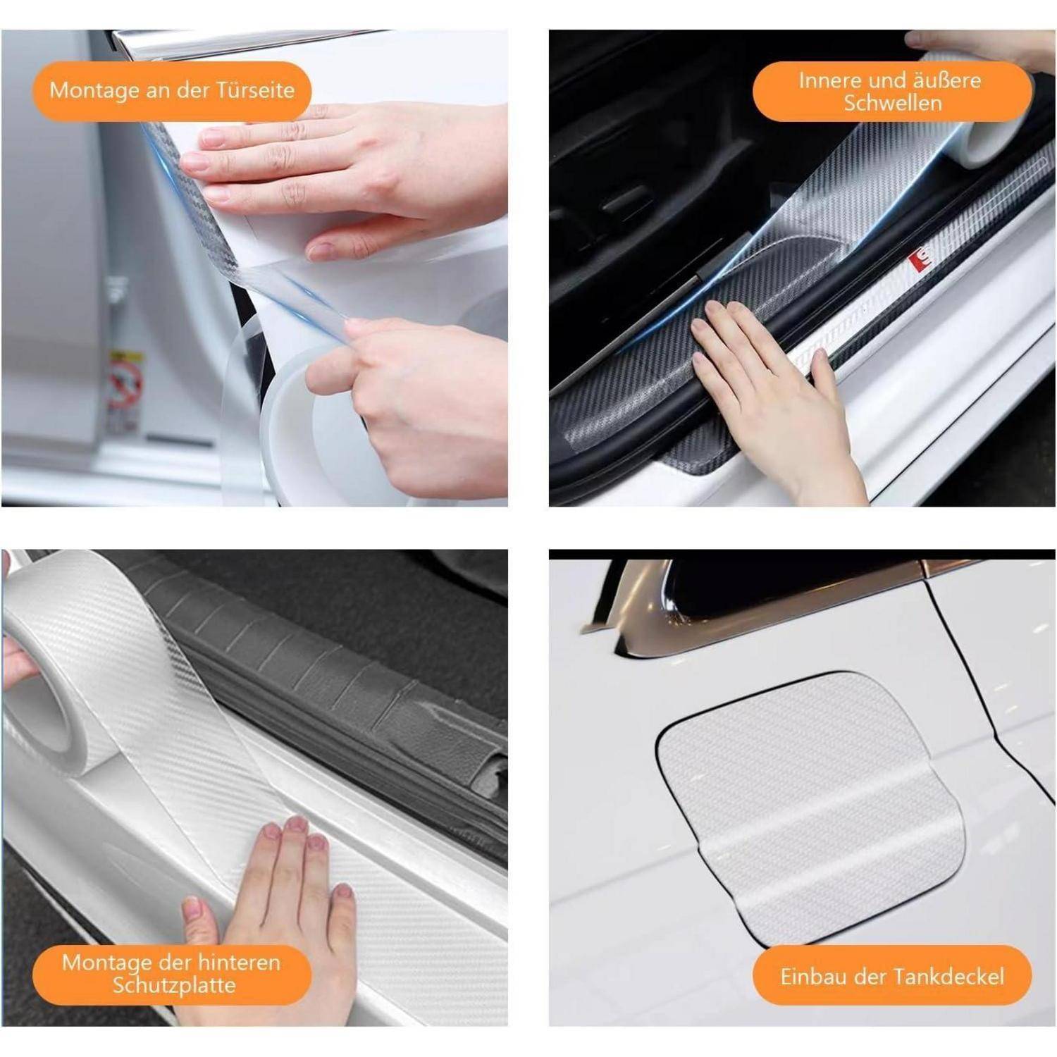 # Vier-Panel-Installationsleitfaden für die Anwendung von Kohlefaser-Autoverkleidungsfolie auf Türkante, Schwelle, hinterer Schwellerplatte und Tankklappe; Deutsche Beschriftungen identifizieren jeden Teil.