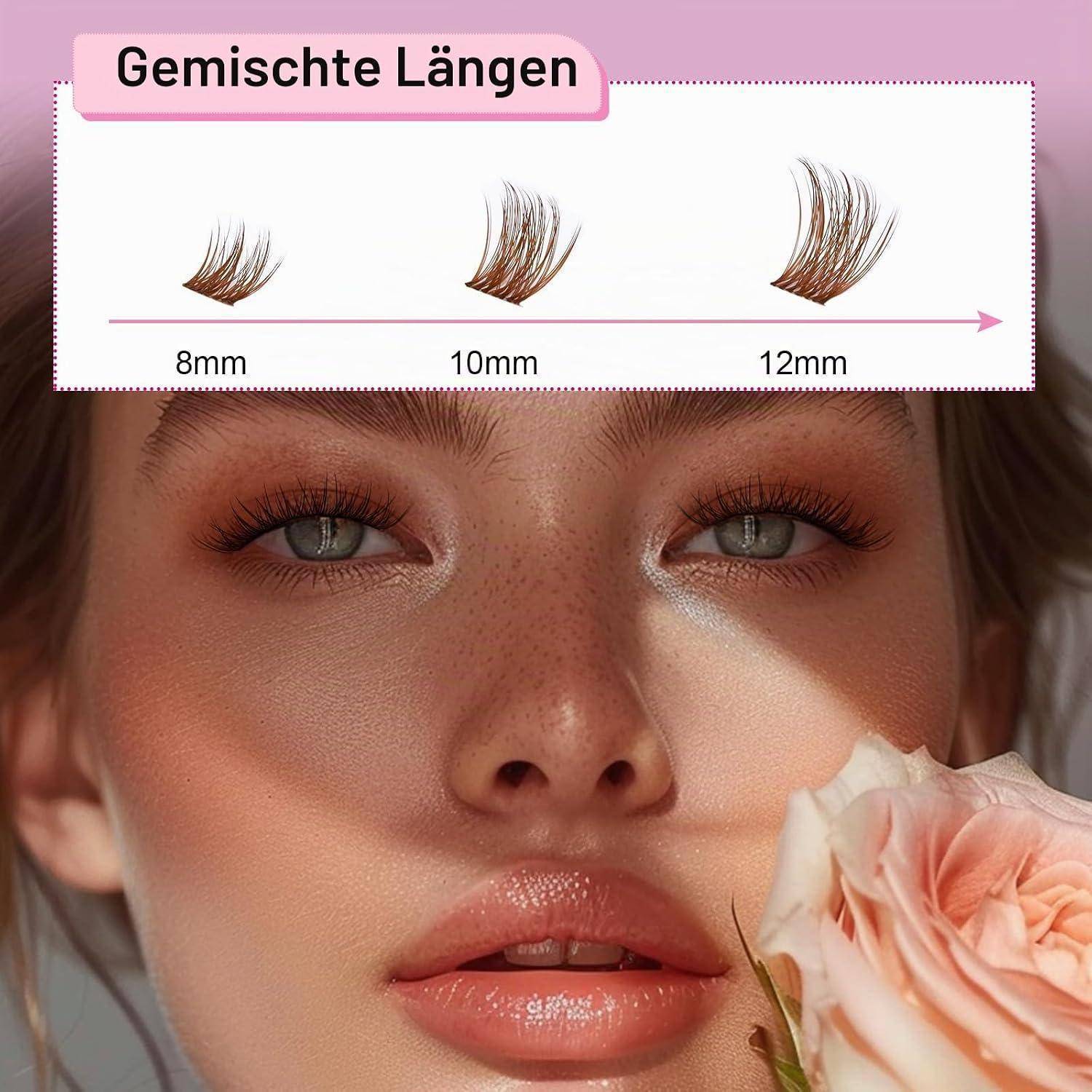 Schönheitsanzeige, die gemischte Wimpernlängen zeigt: 8 mm, 10 mm und 12 mm, über einer Nahaufnahme eines weiblichen Gesichts mit einer Rose.