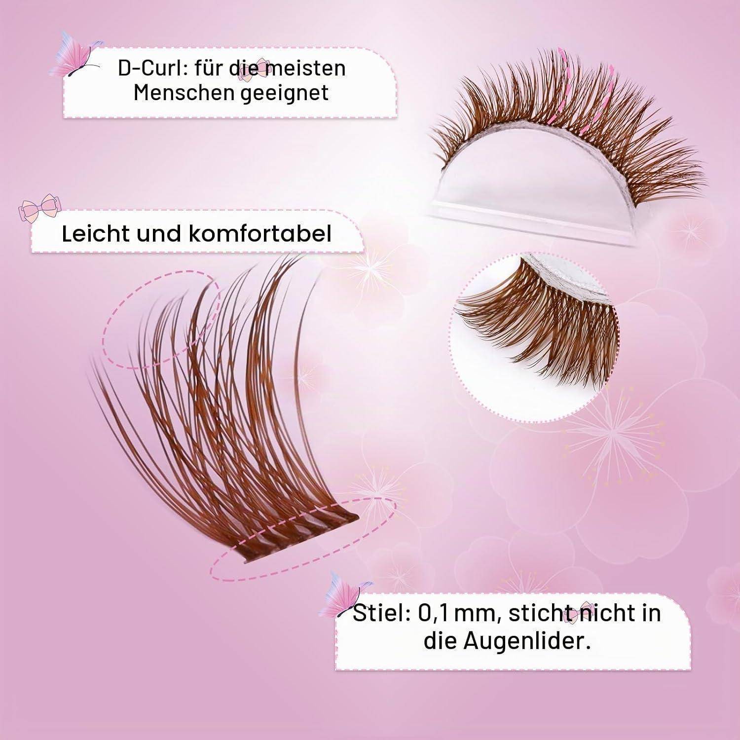 Illustration von D-Curl-Wimpernverlängerungen mit deutschen Beschriftungen: „D-Curl: für die meisten Menschen geeignet