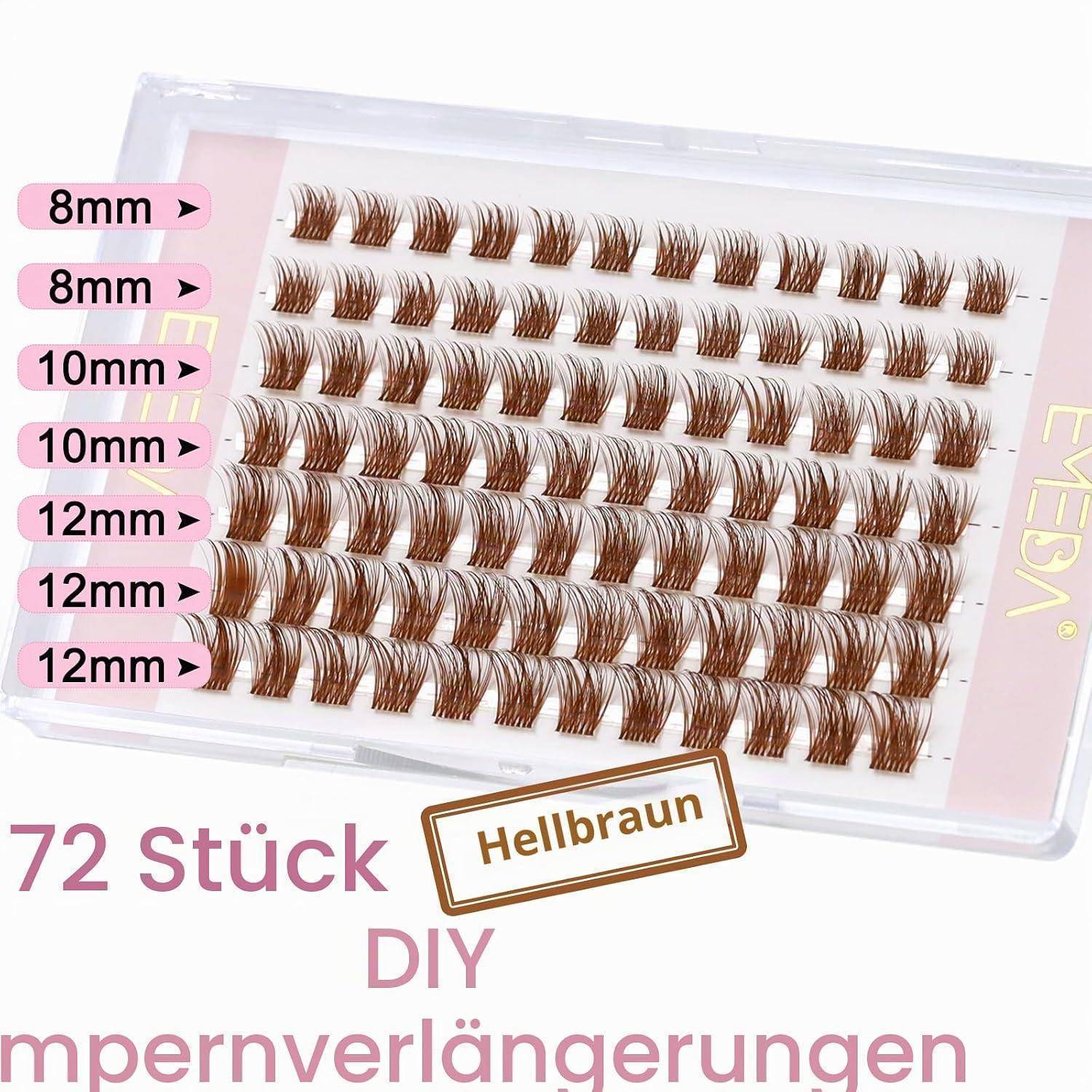Paket mit 72 DIY-Wimpernverlängerungen in hellem Braun, mit 8mm, 10mm und 12mm Wimpernbüscheln, nach Größe sortiert.