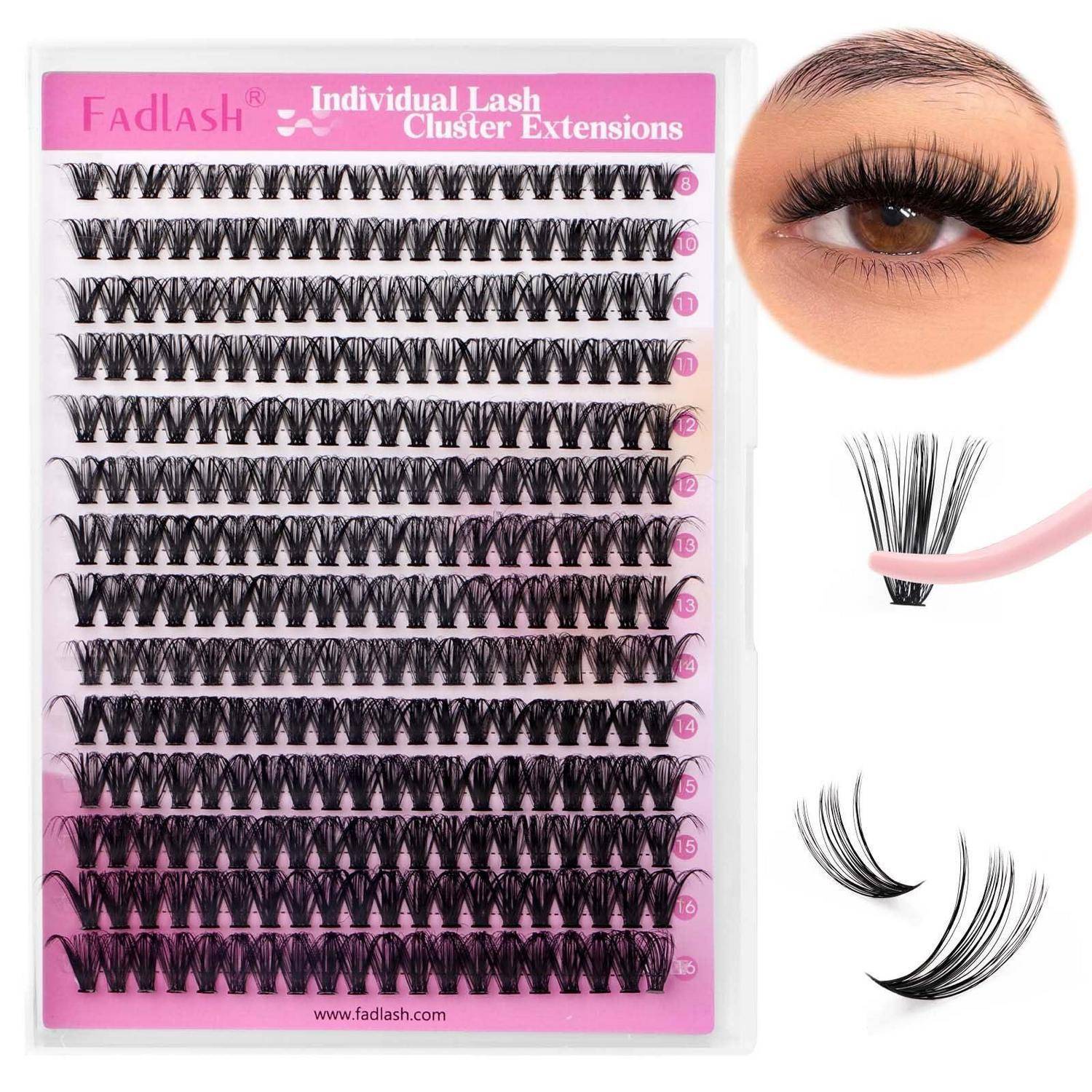 Einzelne Wimpernbüschel-Erweiterungen in einer rosa Verpackung dargestellt, mit einem Auge, das dramatische künstliche Wimpern trägt, und Nahaufnahmen von Wimpernaufträgen-Beispielen.