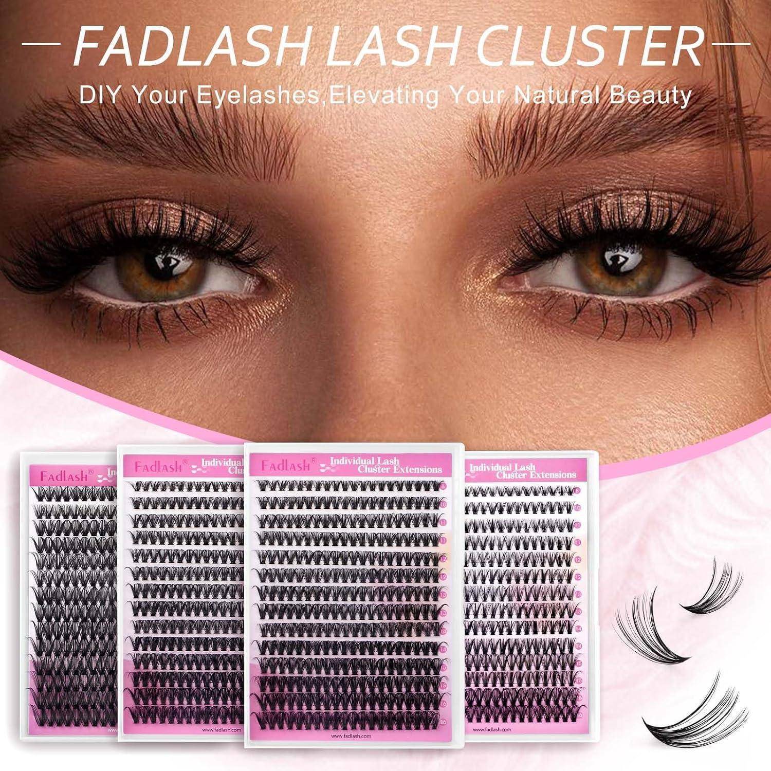 Werbebild von Frauenaugen mit langen Wimpern, das „FADLASH LASH CLUSTER