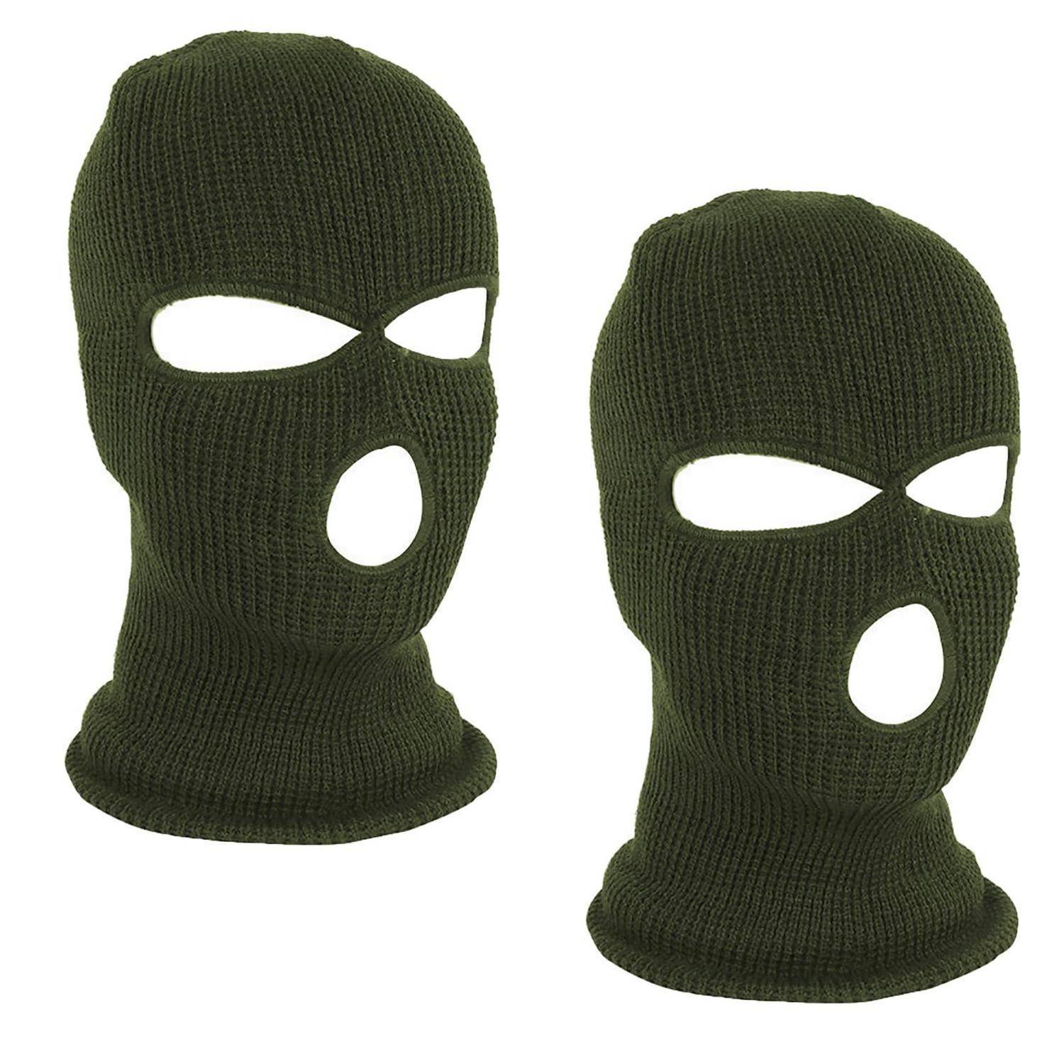 Zwei olivgrüne gestrickte Skipistolen mit Augen- und Mundöffnungen, nebeneinander auf weißem Hintergrund dargestellt.