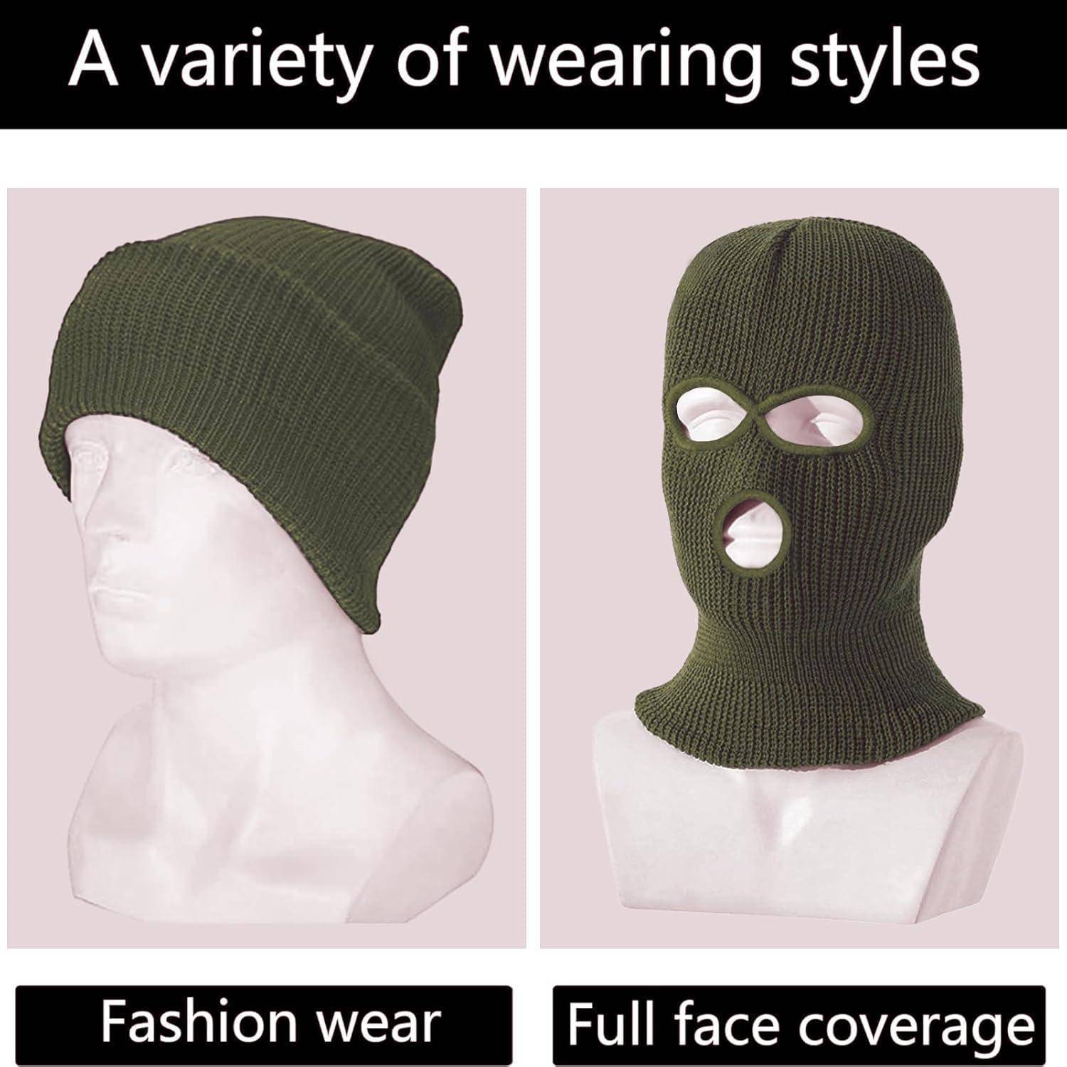 Produktbild zeigt eine olivgrüne Strickmütze, die auf zwei Arten getragen wird: als lockere Beanie und als Gesichtsmaske mit Öffnungen für Augen und Mund.