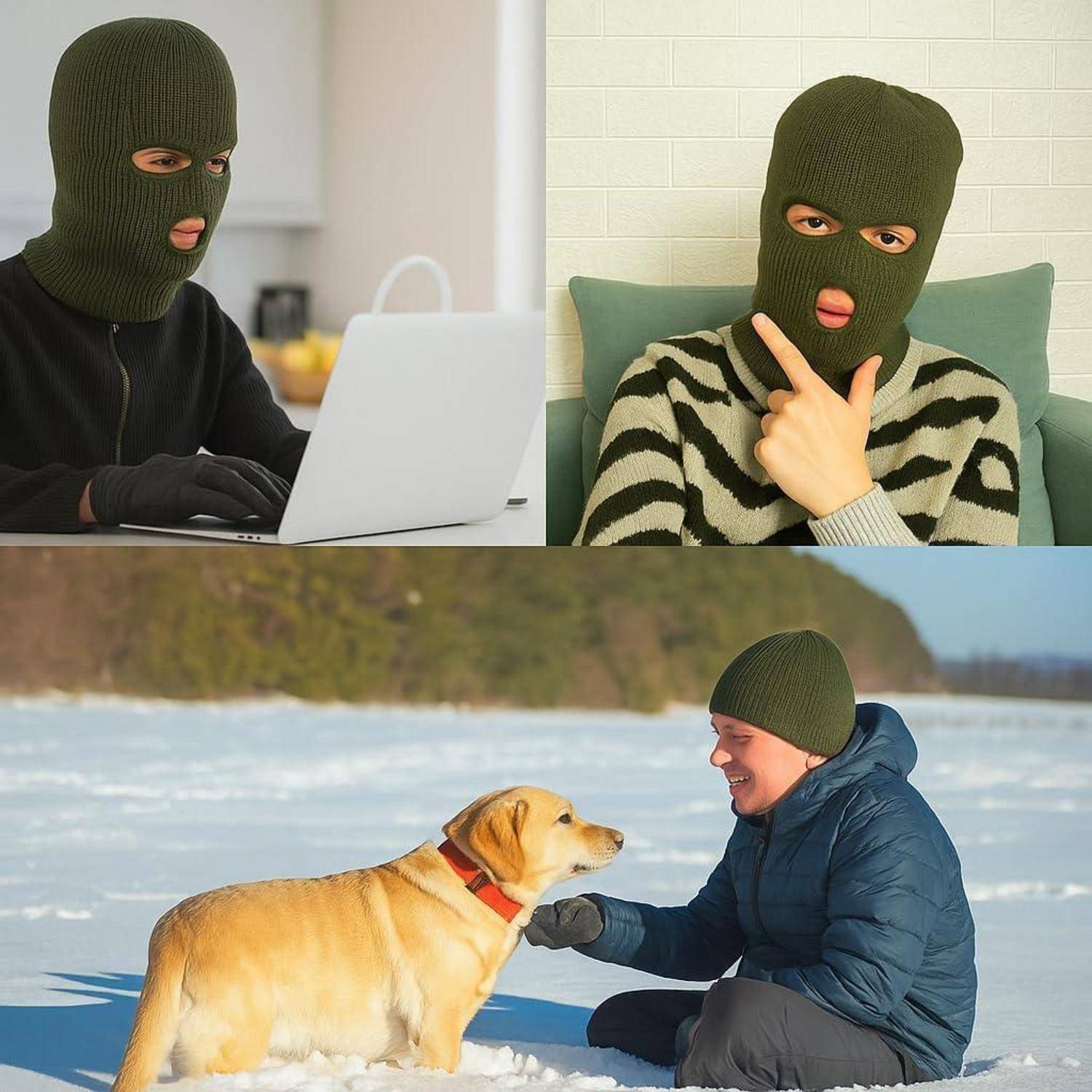 Drei Bilder: eine maskierte Person, die einen Laptop benutzt, eine maskierte Person, die auf einem Sofa sitzt, und eine Person in Winterkleidung, die auf Schnee kniet und einen gelben Hund streichelt.