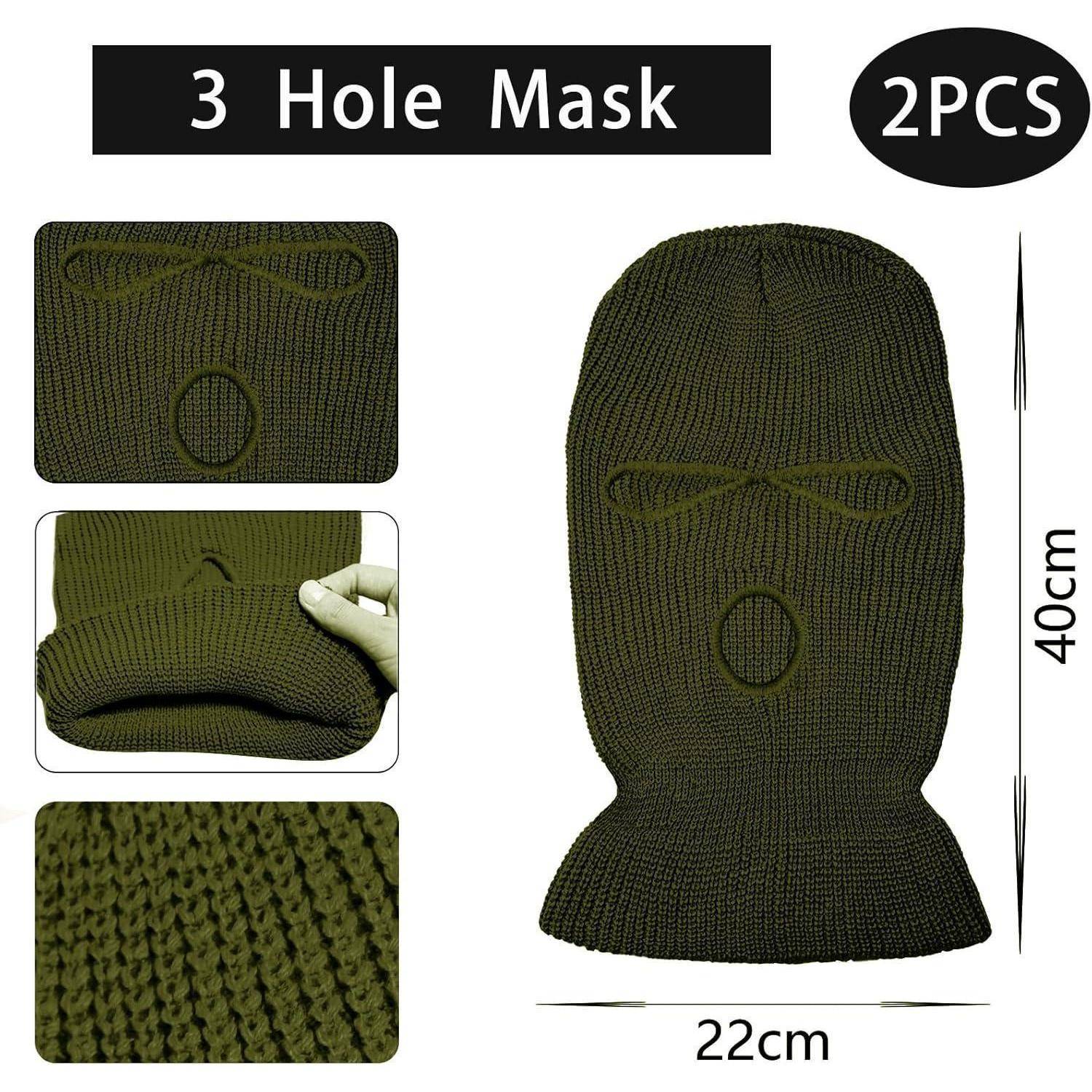 Produktbild einer olivgrünen gestrickten Balaclava-Maske mit 3 Löchern, gezeigt in Vorder- und Nahaufnahmen, gekennzeichnet als 