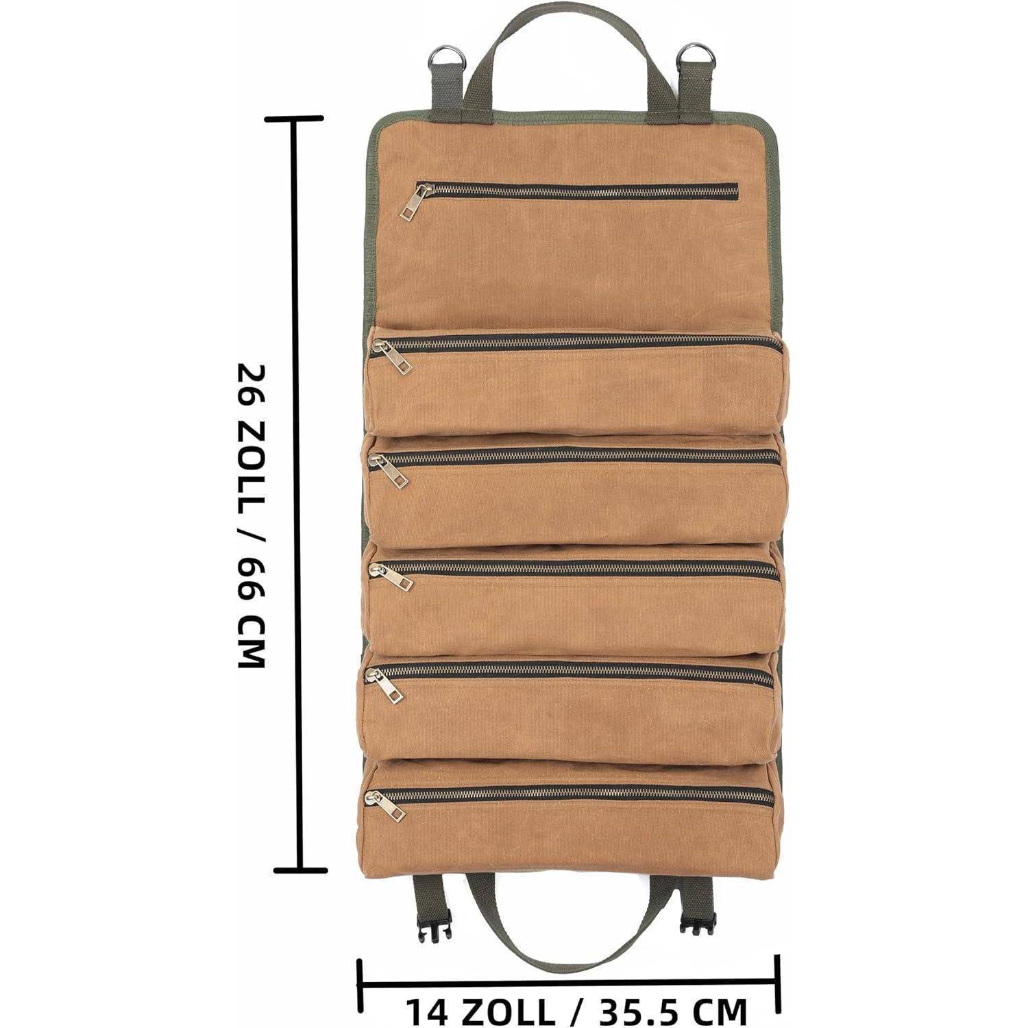 Beigefarbene Reisetasche mit mehreren verschlossenen Vordertaschen, gezeigt mit Abmessungen von 26 Zoll Höhe und 14 Zoll Breite.