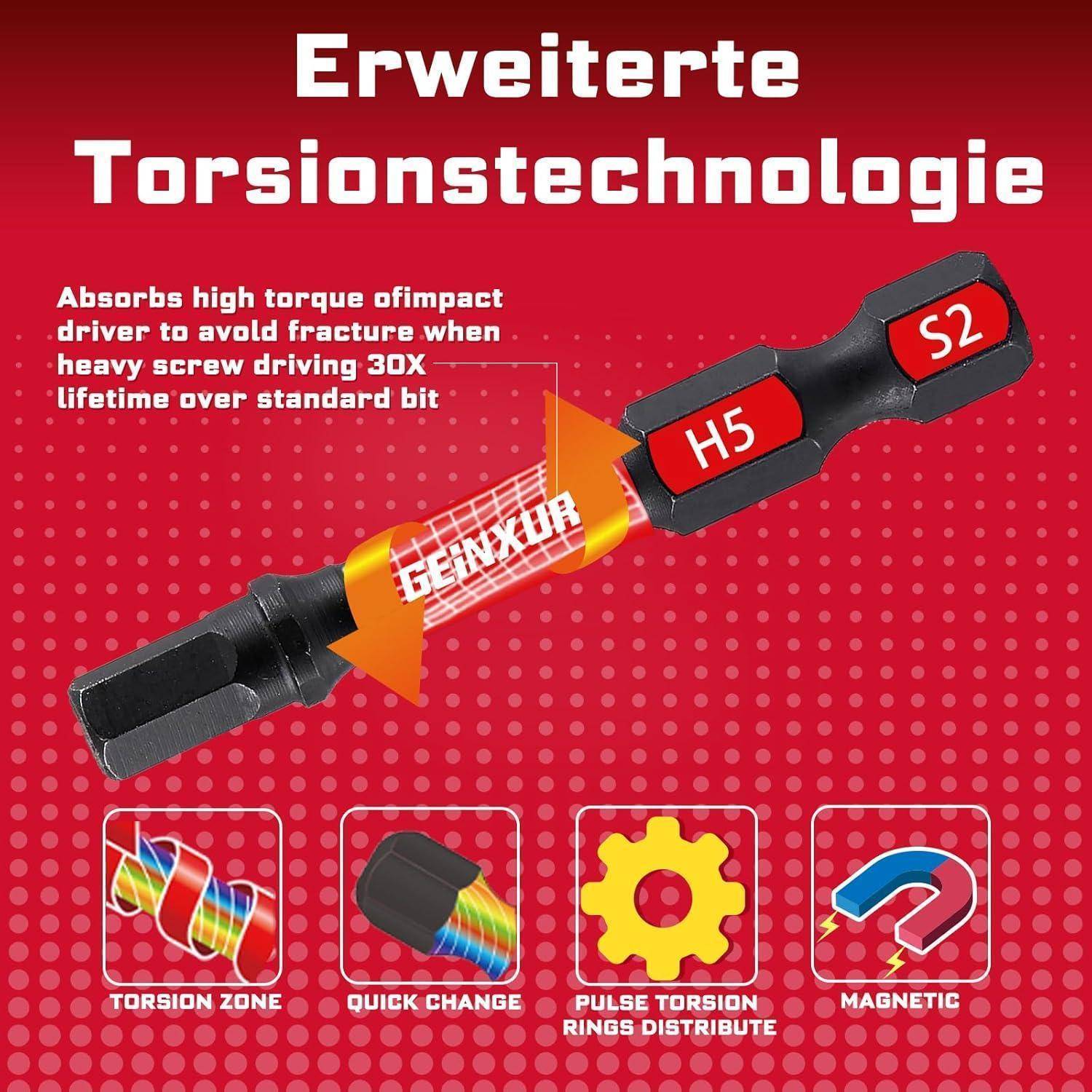 Geinxurn Hex Schraubendreher Bit Set 22 Stück, H1.5-H8 S2 Stahl Magnetische 1/4" Sechskantschaft Sechskant Schlagfester Schrauberbitsatz mit
