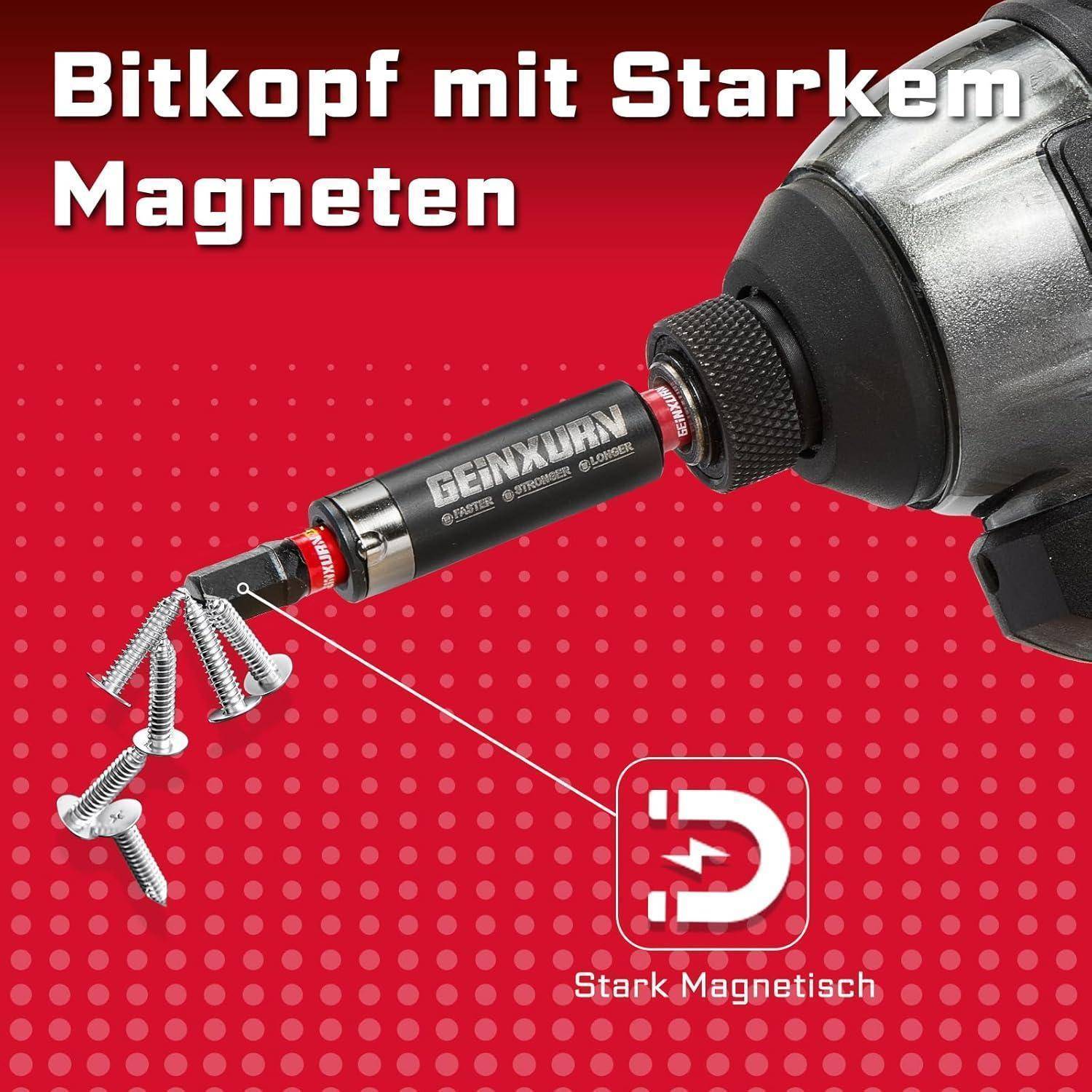 Bohrmaschine mit Magnetbitzange zieht Schrauben nach oben, beschriftet mit „Bitkopf mit Starkem Magneten