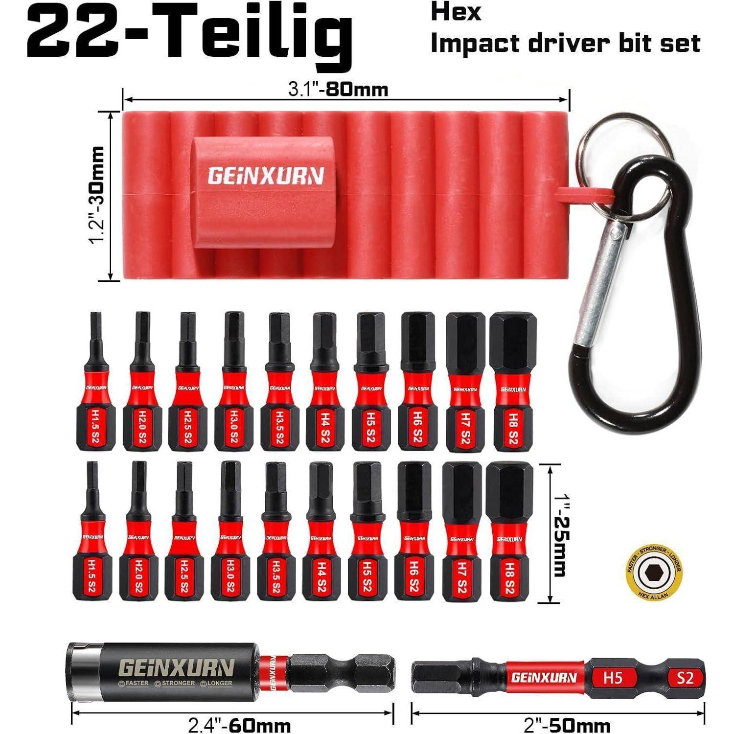 22-teiliger Sechskant-Schlagschrauber-Bit-Satz mit roter Aufbewahrungsbox, Karabiner und verschiedenen Schrauberbits in mehreren Größen und Typen.