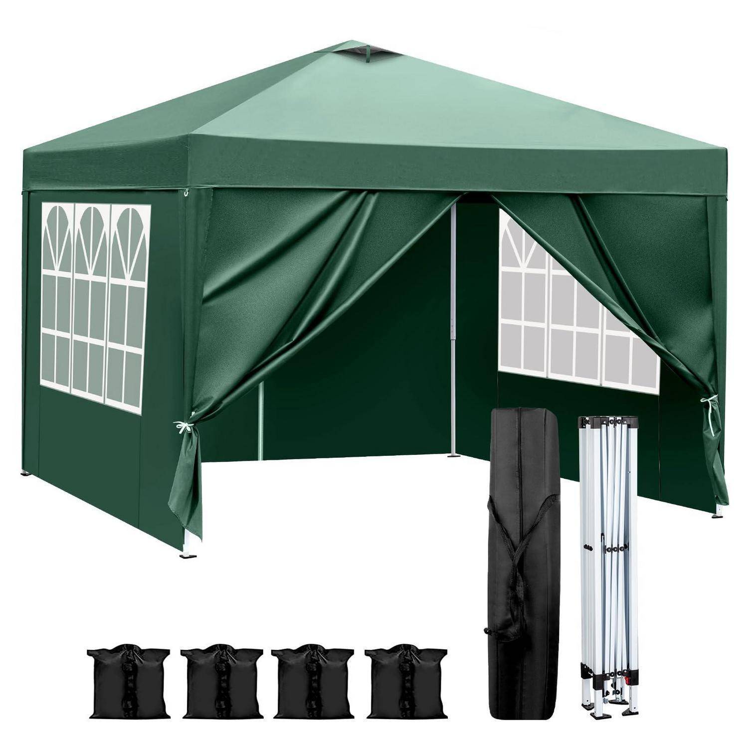 Grünes Pop-up-Außenpavillon-Zelt mit offener Tür, Seitenfenstern, Tragetasche und Rahmenstangen, dargestellt als tragbares Unterkunftsset.