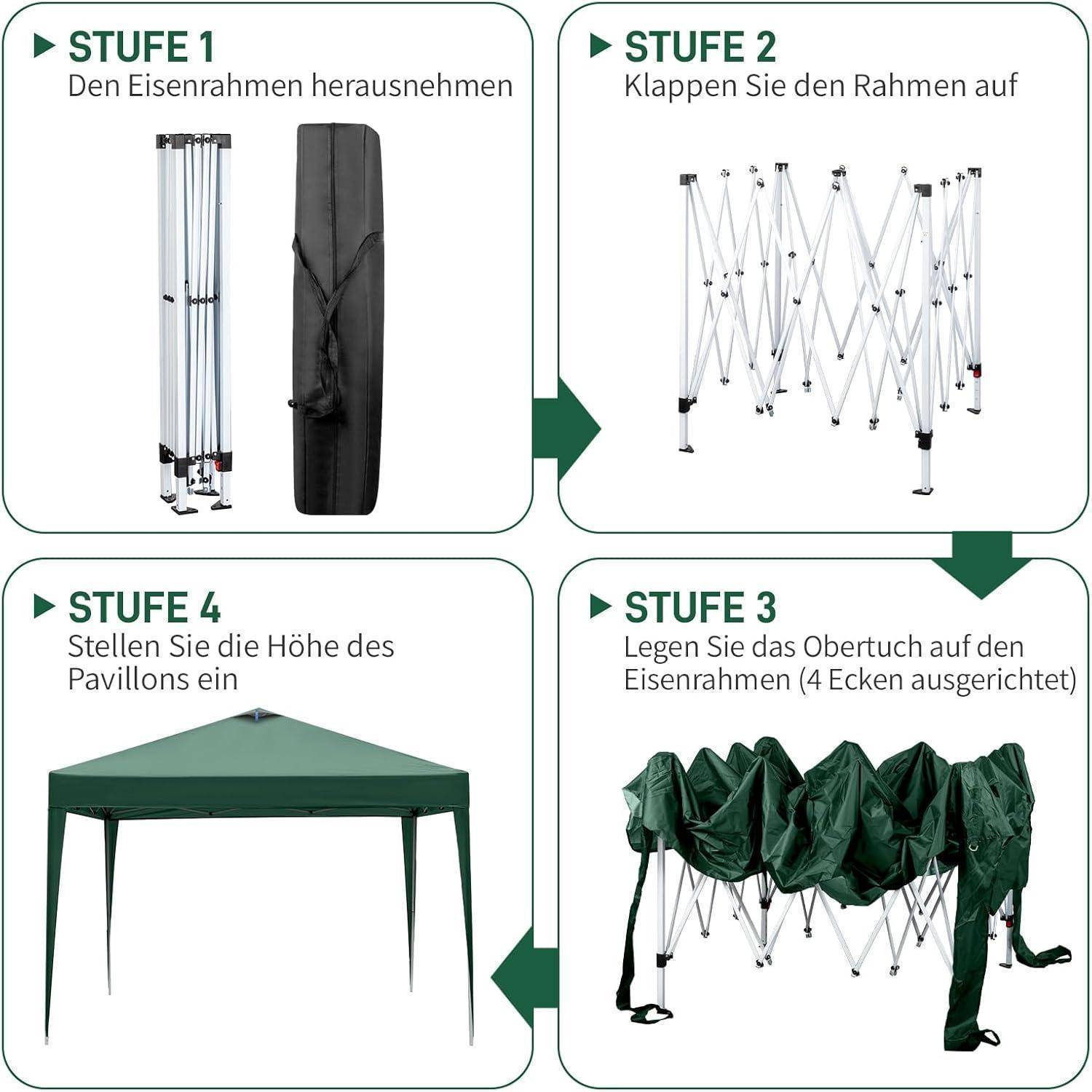 Vierschrittiger deutscher Aufbauanleitung für ein grünes Pop-Up-Zelt: Rahmen entfernen, Rahmen ausklappen, Dachbezug anbringen, dann Pavillon-Höhe anpassen.
