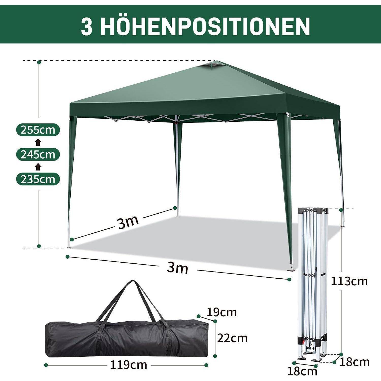 Diagramm eines grünen Pop-Up-Pavillons mit "3 HÖHENPOSITIONEN"", mit einstellbaren Höhen von 235, 245 und 255 cm, Grundfläche 3 m x 3 m und Packgröße 119 x 22 x 18 cm.