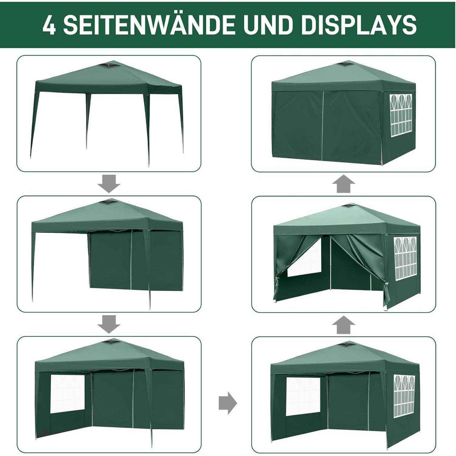 Diagramm zeigt Aufstellungsoptionen für 4-Wand-Zeltwand, mit Paneelen, die in verschiedenen Kombinationen angebracht oder geöffnet werden können.