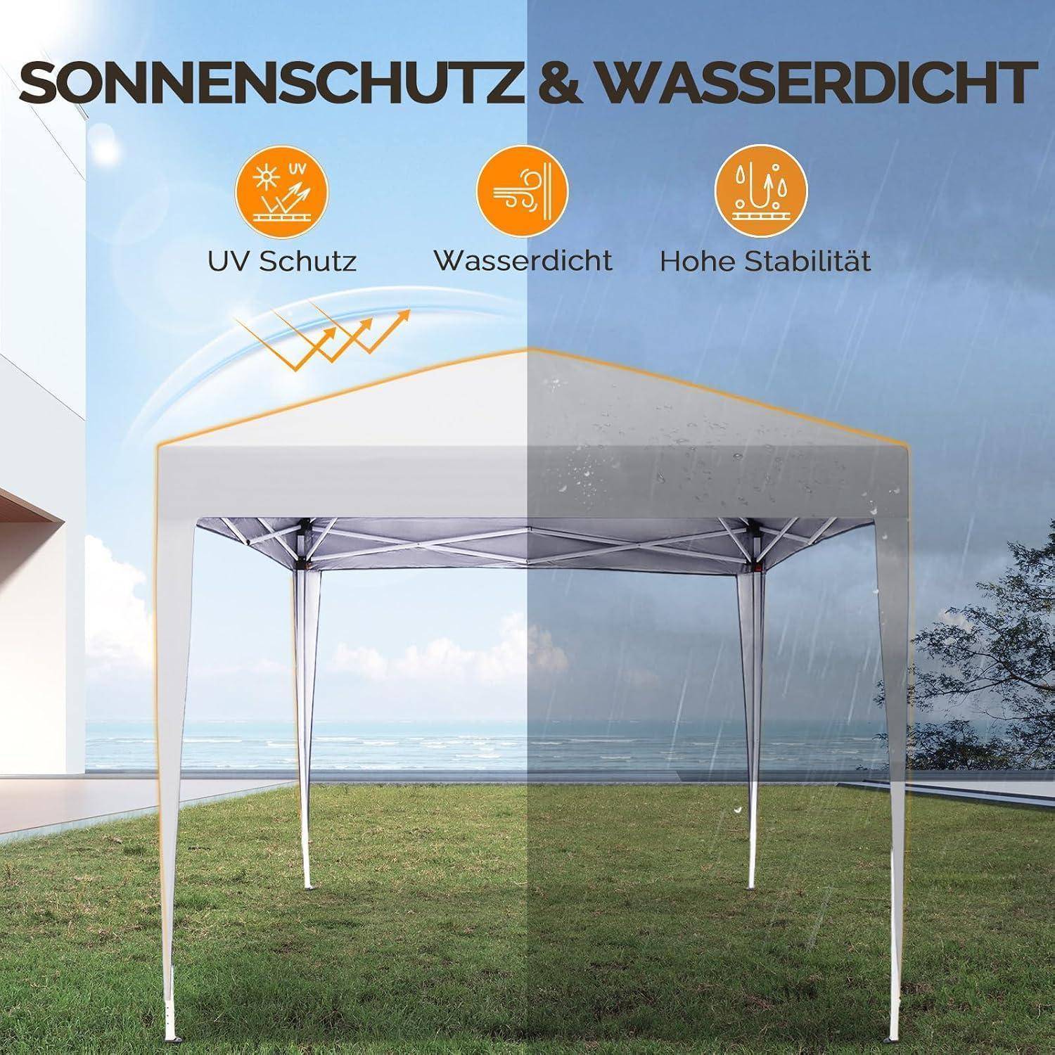 Werbebild eines grauen Outdoor-Baldachindelts auf Gras, beschriftet mit „Sonnenschutz & Wasserdicht" mit Symbolen für UV-Schutz, Wasserdichtheit und hohe Stabilität.