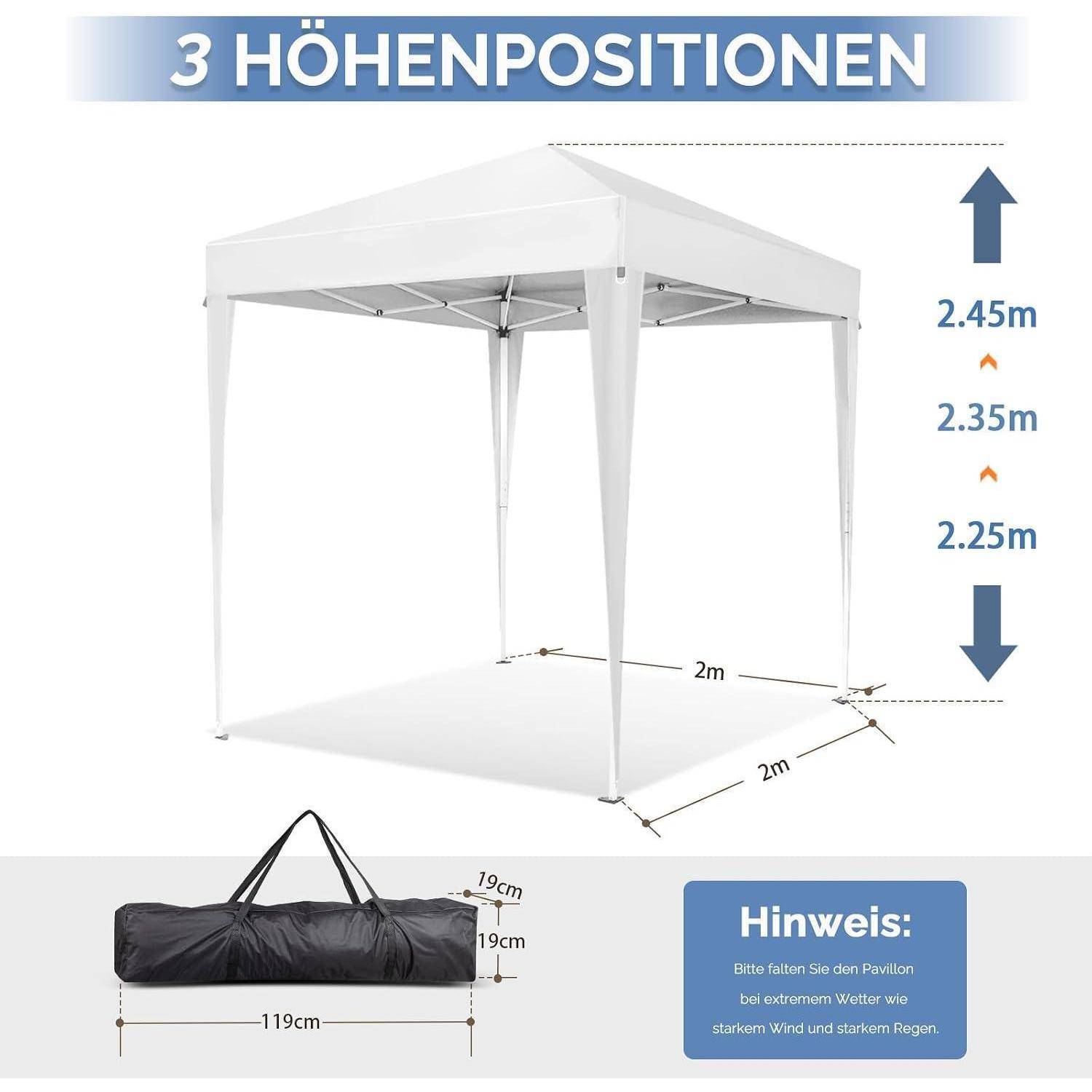 Weißes Pop-up-Baldachindach mit 3 Höhenpositionen: 2,25 m, 2,35 m, 2,45 m; inklusive Tragetasche und 2 m x 2 m Grundfläche.