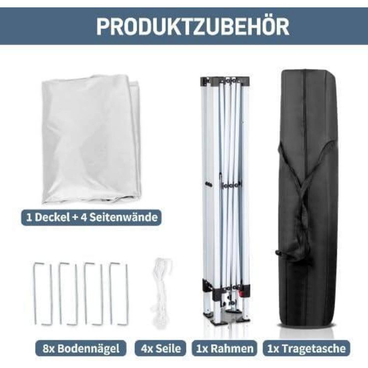 Abgebildete Produktzubehörteile: Abdeckung mit 4 Seitenwänden, 8 Bodenheringe, 4 Seile, 1 Rahmen und 1 Tragetasche.
