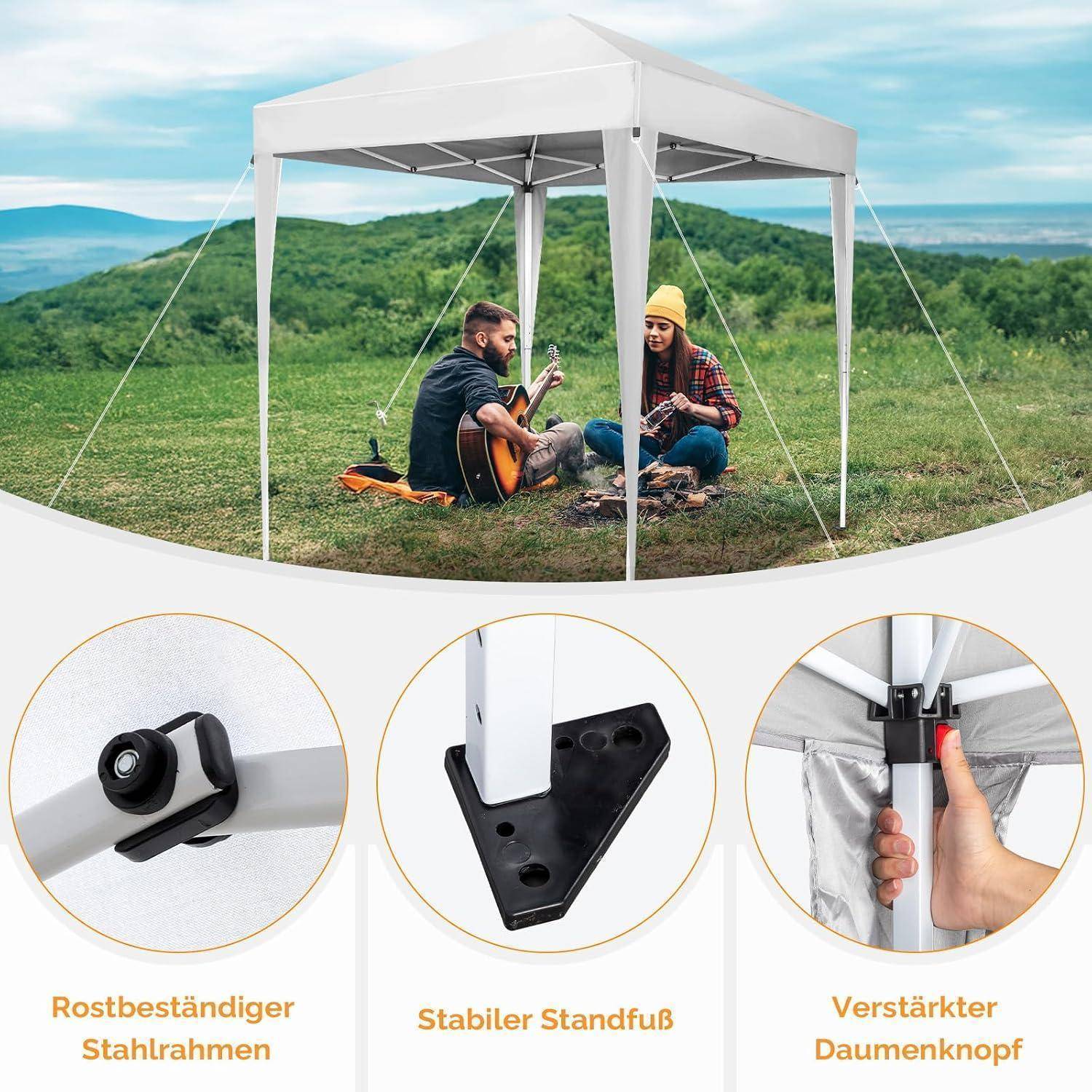 Zwei Personen sitzen unter einem weißen Popup-Zelt und spielen Gitarre im Freien; eingefügte Kreise heben einen rostbeständigen Stahlrahmen, eine stabile Basis und einen verstärkten Daumenschalter hervor.