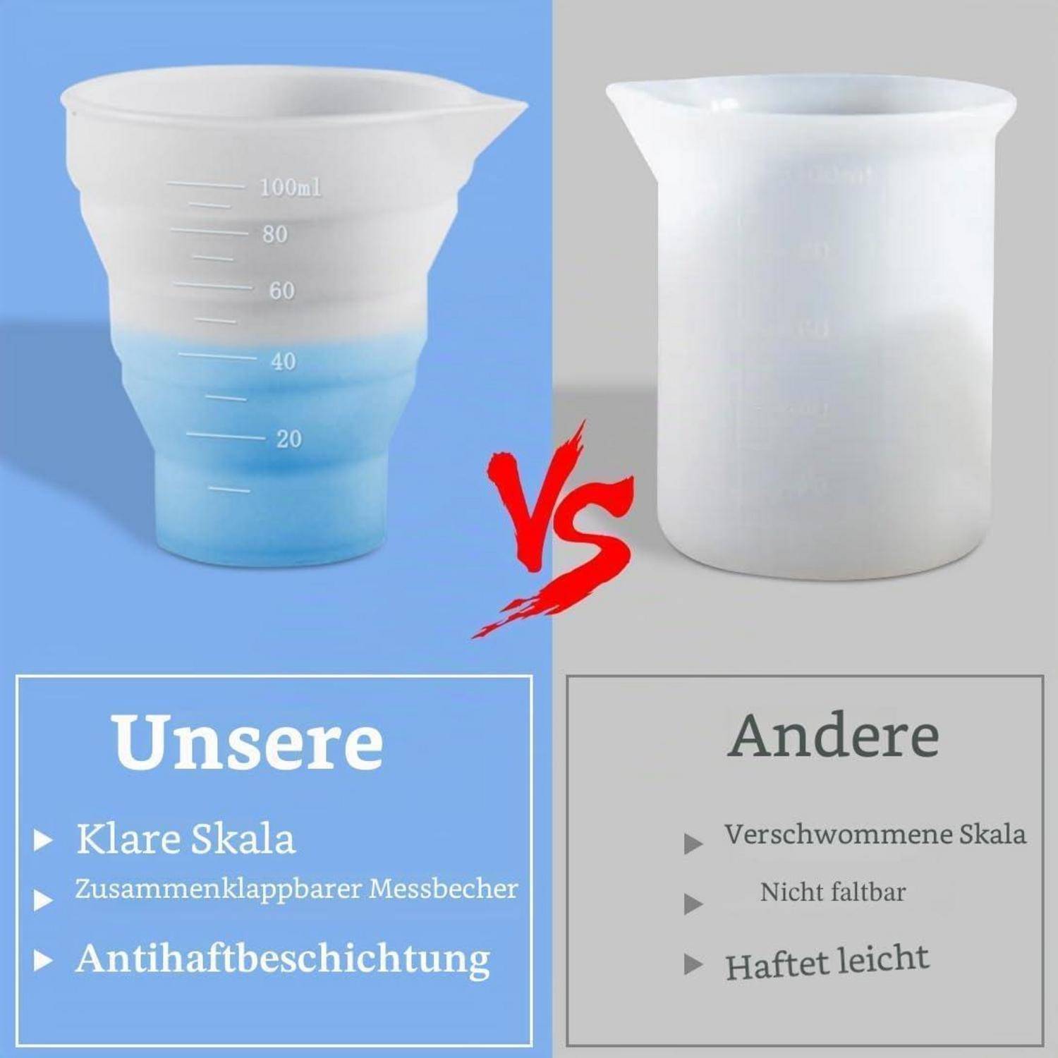 Vergleichsbild von zwei Messbechern: Der linke Becher ist faltbar mit klarer Skala und antihaftbeschichtung; der rechte Becher ist starr mit verschwommener Skala und klebt leicht.