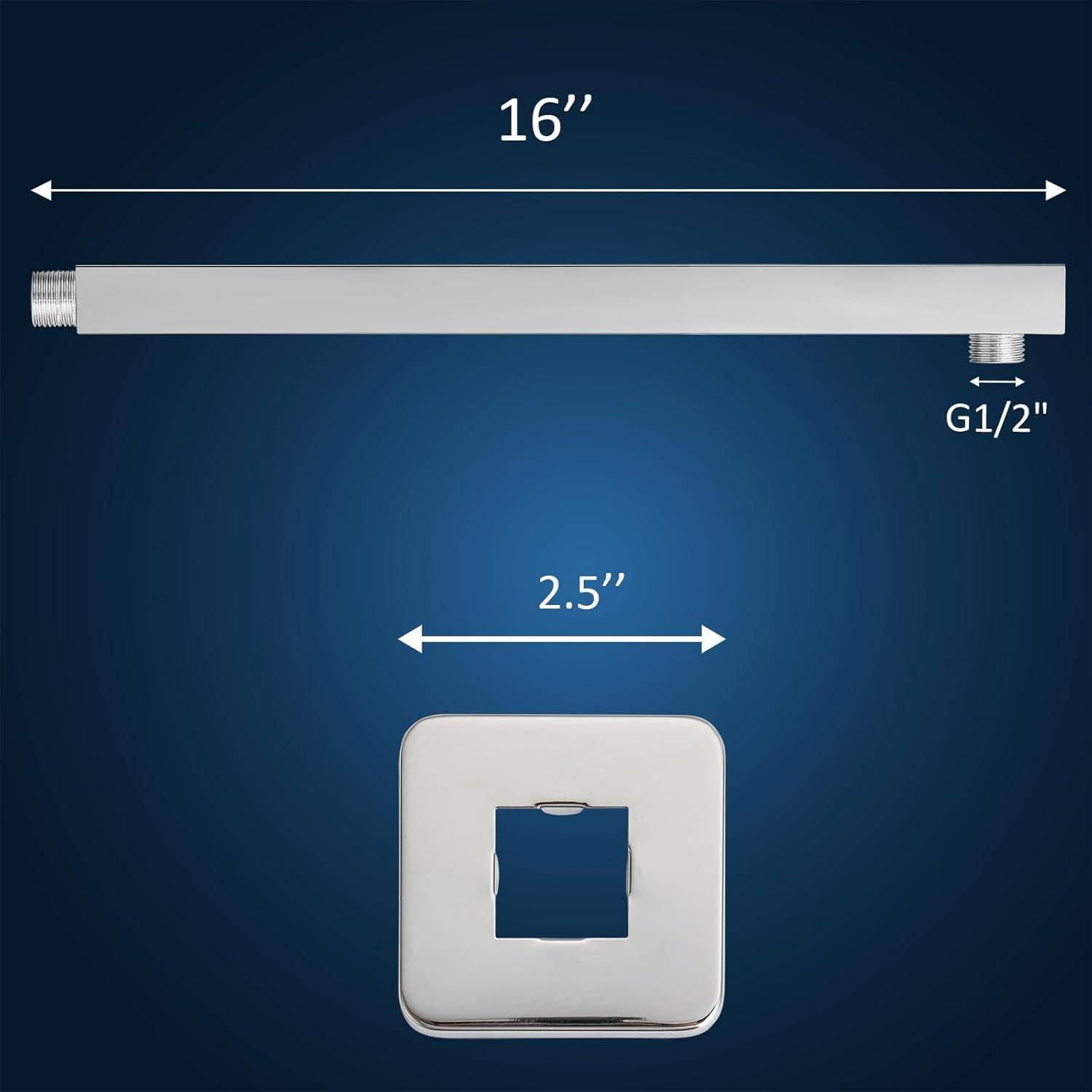 Produktdiagramm eines 16 Zoll langen weißen Wandarms oder Rohrs mit G1/2-Zoll Gewinde am Ende, plus einer passenden quadratischen Blende mit einer Größe von 2,5 Zoll.