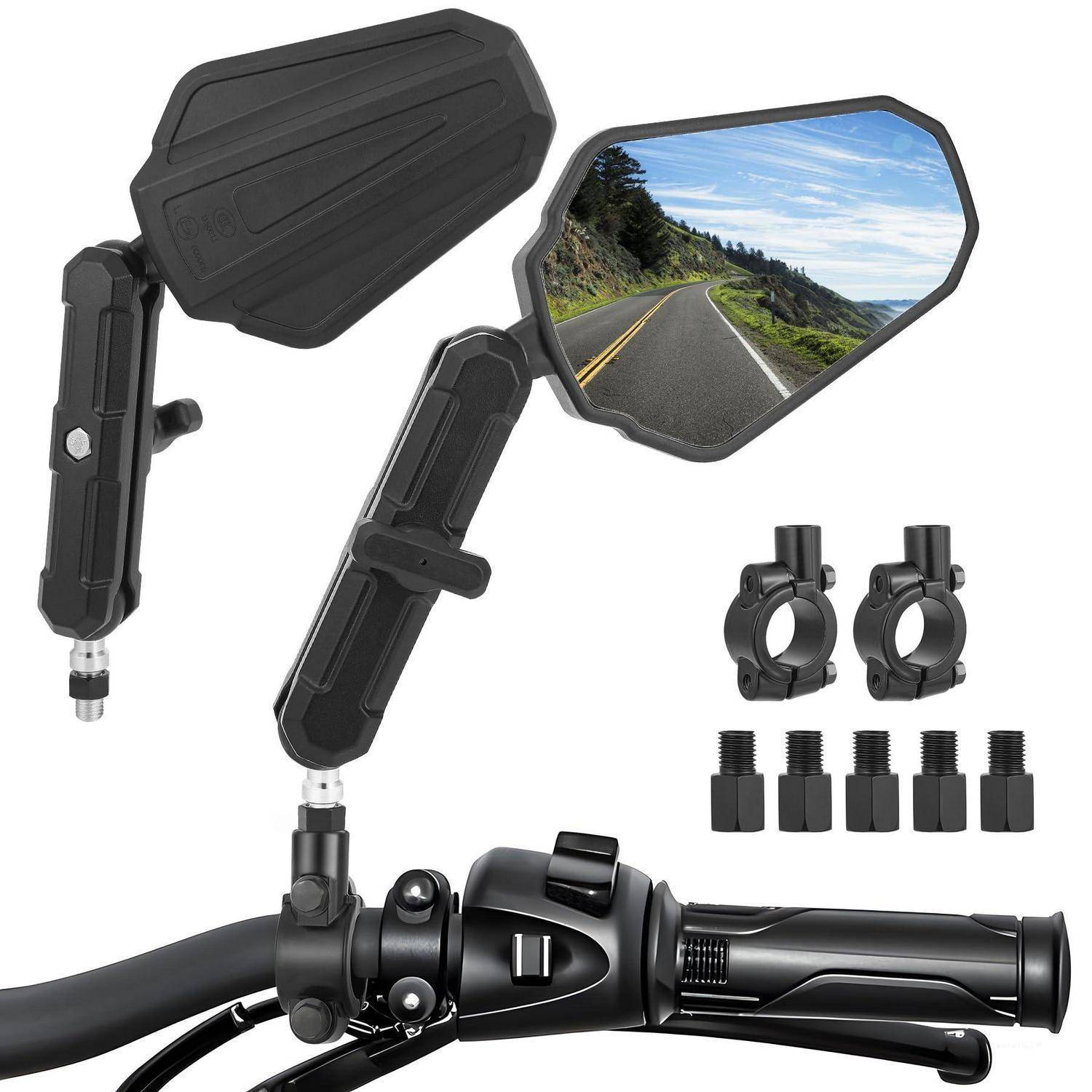 Motorrad-Lenkermodul mit Rückspiegeln, bestehend aus verstellbaren schwarzen Spiegeln, Befestigungsklemmen und Adapterstücken, installiert an einem Motorrad-Lenkergriff.