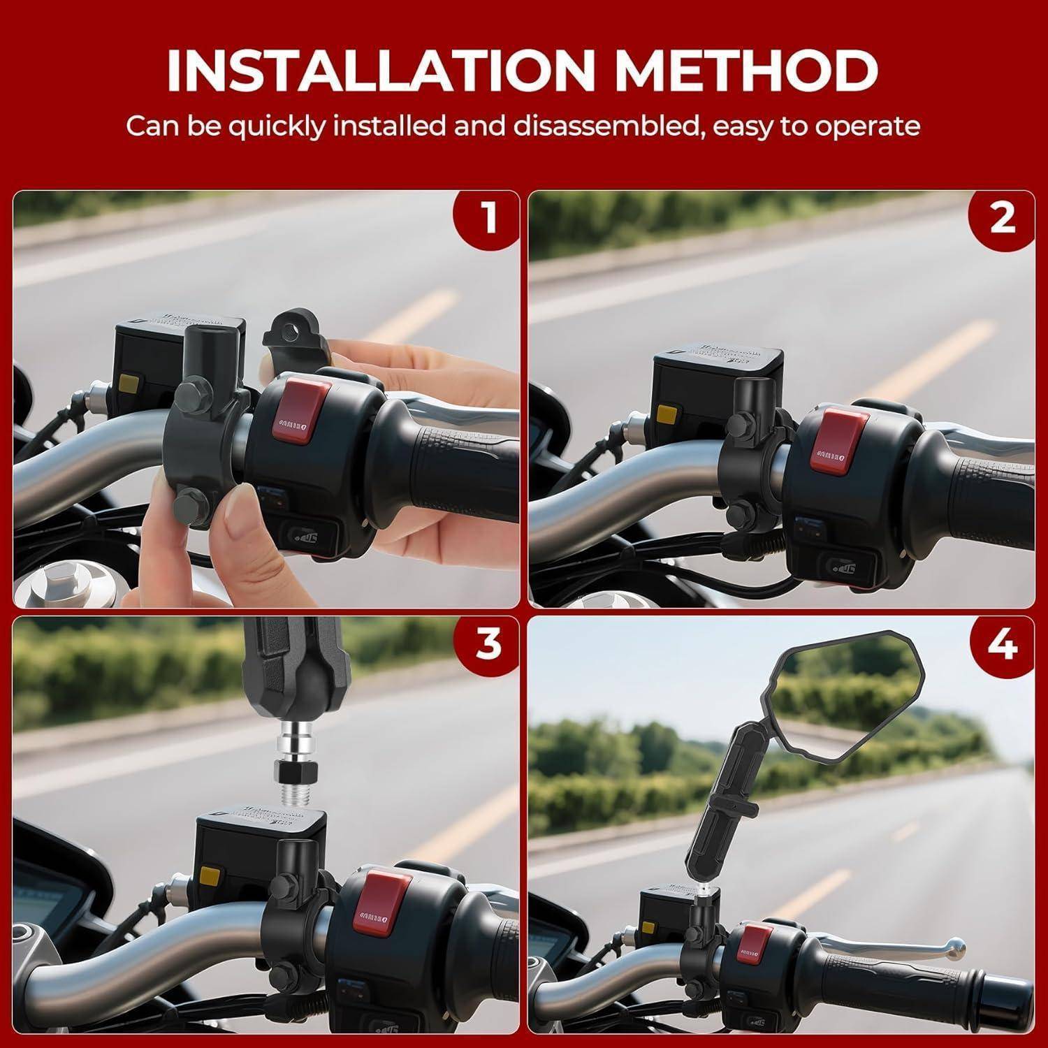 Installationsmethodendiagramm, das zeigt, wie eine Motorrad-Lenkerhalterung in vier Schritten angebracht wird: Klemme, mit Werkzeug anziehen, dann Spiegel hinzufügen.