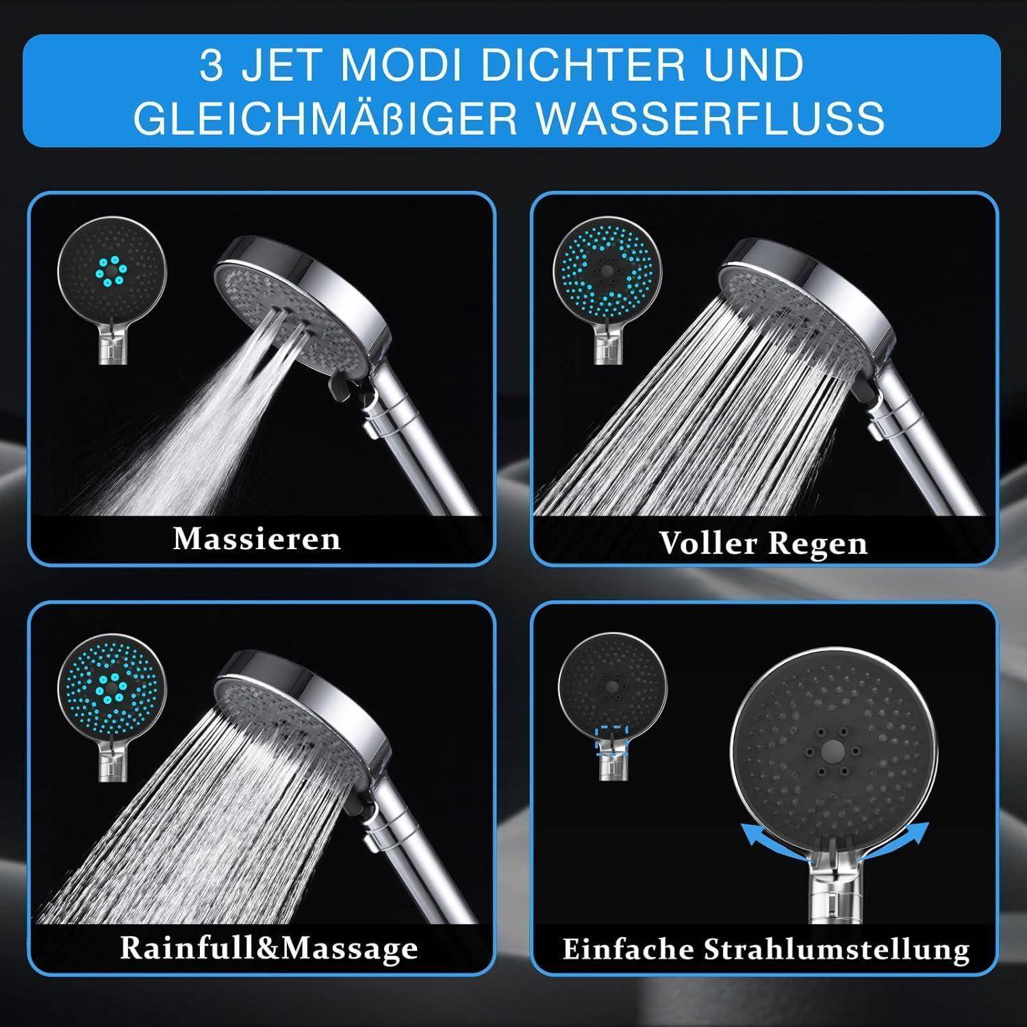 Duschkopf-Anzeige mit 3 Strahlmodi und gleichmäßigerem Wasserdurchfluss: Massage, Vollregen, Regen & Massage und einfache Sprüheinstellung.