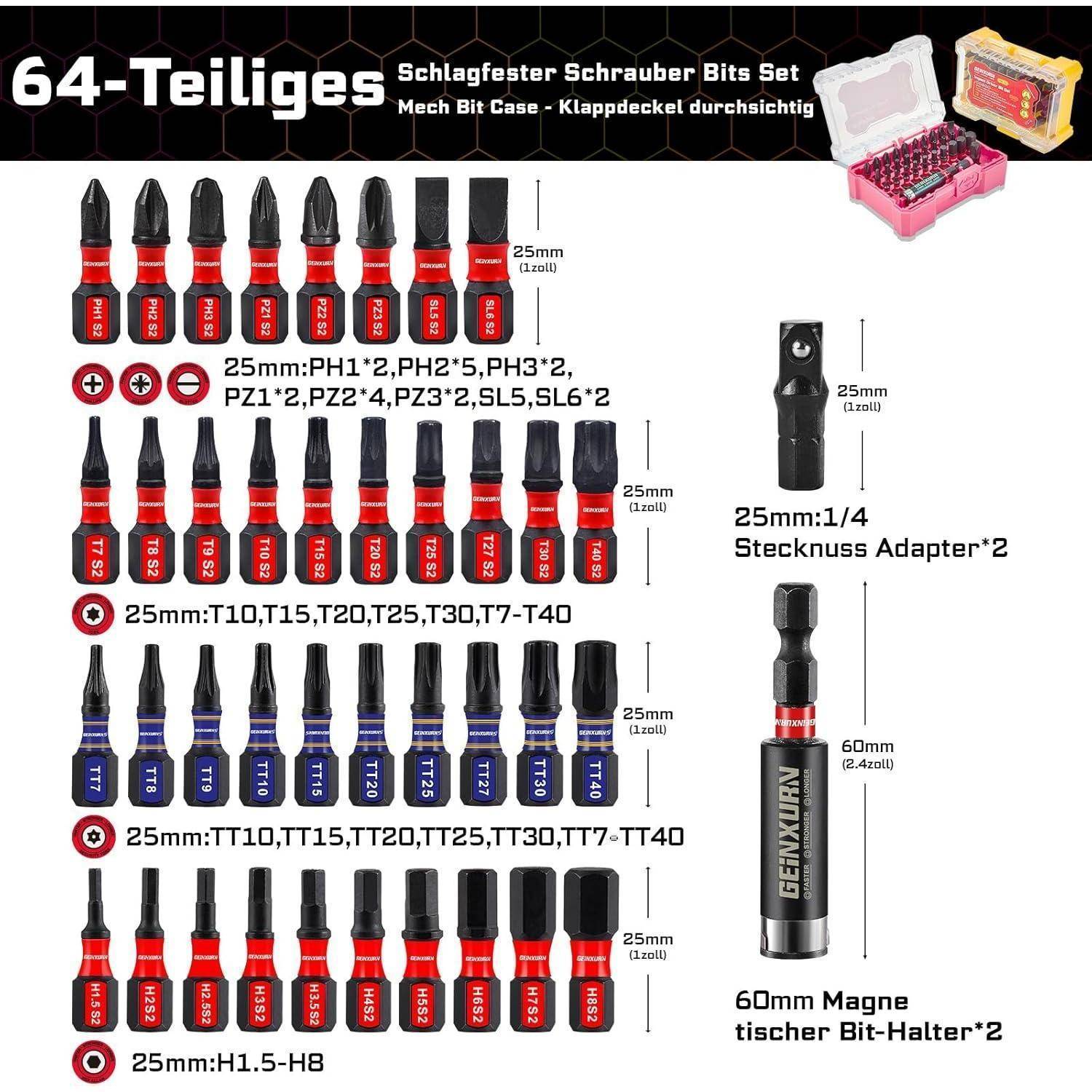 Grafik eines 64-teiligen Schraubendreher-Bitsatzes mit organisierten Reihen von PH-, PZ-, Torx-, Schlitz- und Sechskant-Bits, plus einem 1/4-Zoll-Steckeradapter und magnetischen Bithaltern.