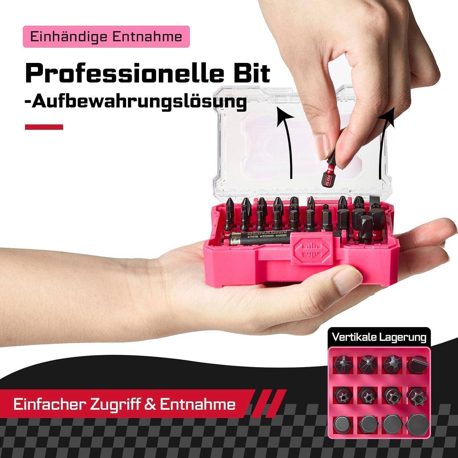 Hände platzieren eine rosa Bitaufbewahrungsbox mit transparentem Deckel, die einfache einhändige Entnahme und vertikale Lagerung zeigt; deutscher Text bewirbt professionelle Bitverwaltung und einfache Zugänglichkeit.