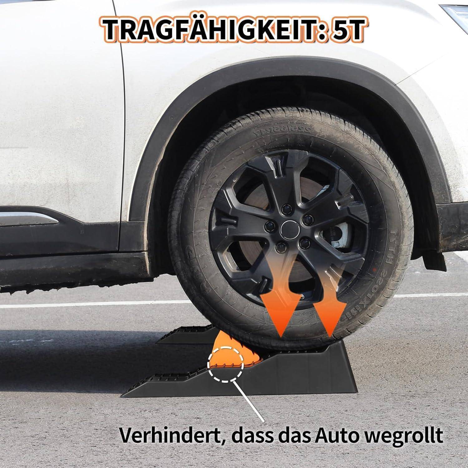 Autoreifen auf einem Radkeil; deutscher Text besagt „Tragfähigkeit: 5T