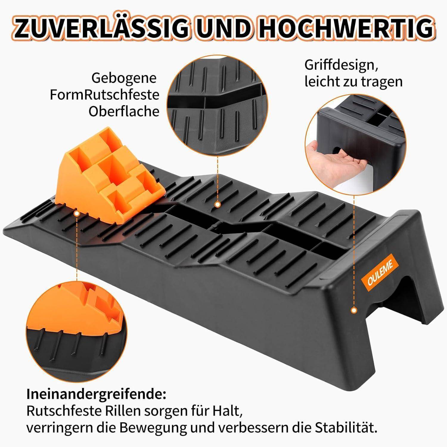 Produktgrafik eines schwarz-orangefarbenen Radkeils mit deutschem Text, das eine gekrümmte, rutschfeste Oberfläche, ergonomisches Griffdesign und ineinandergreifende Rillen für Stabilität hervorhebt.