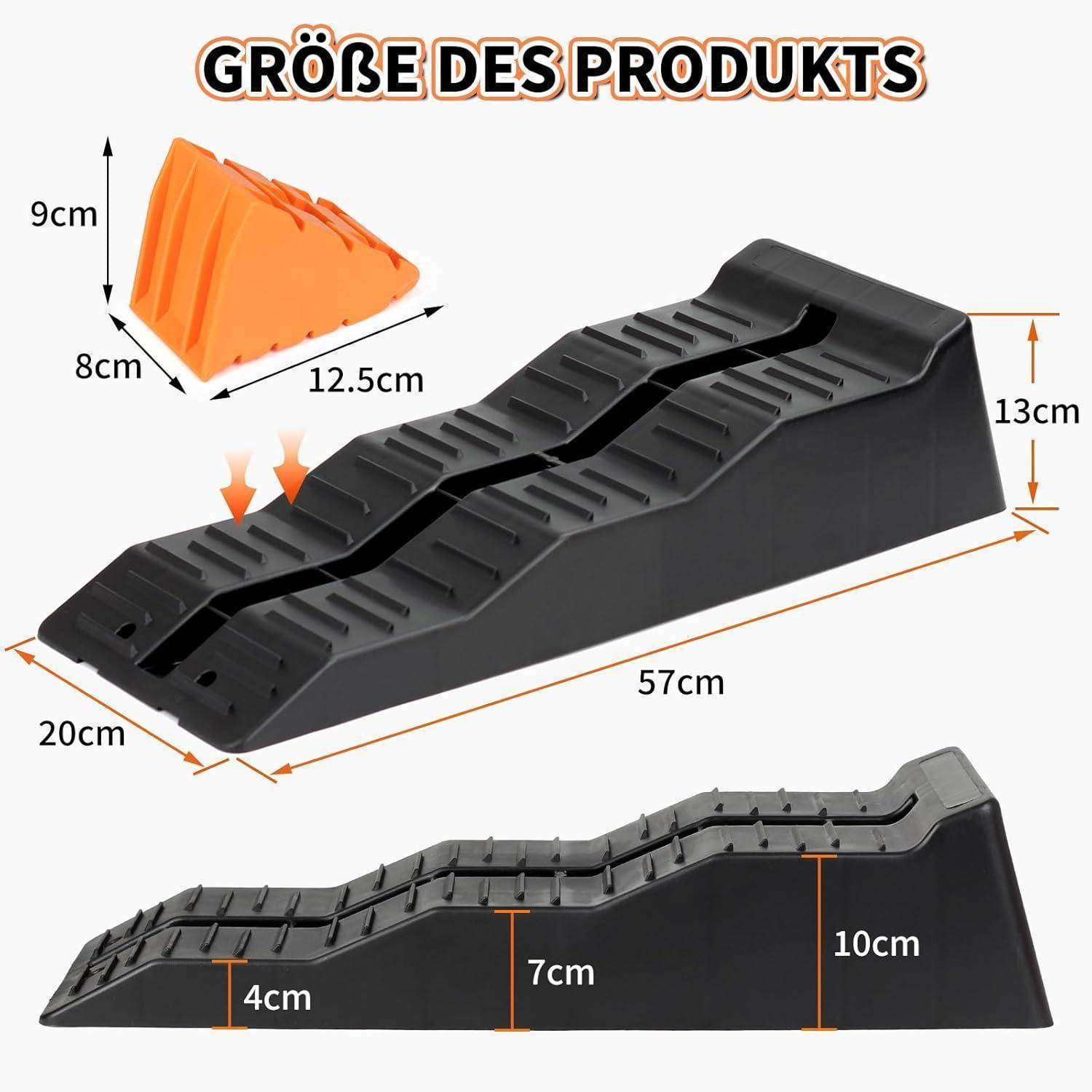Produktgrößendiagramm zeigt einen schwarzen Radkeil und einen orangefarbenen zusammenklappbaren Keil; Abmessungen markiert 57 cm lang, 20 cm breit, 13 cm hoch, mit kleinerem Keil bei 12,5 cm, 9 cm, 8 cm und gestaffelten Höhen von 4 cm, 7 cm, 10 cm.