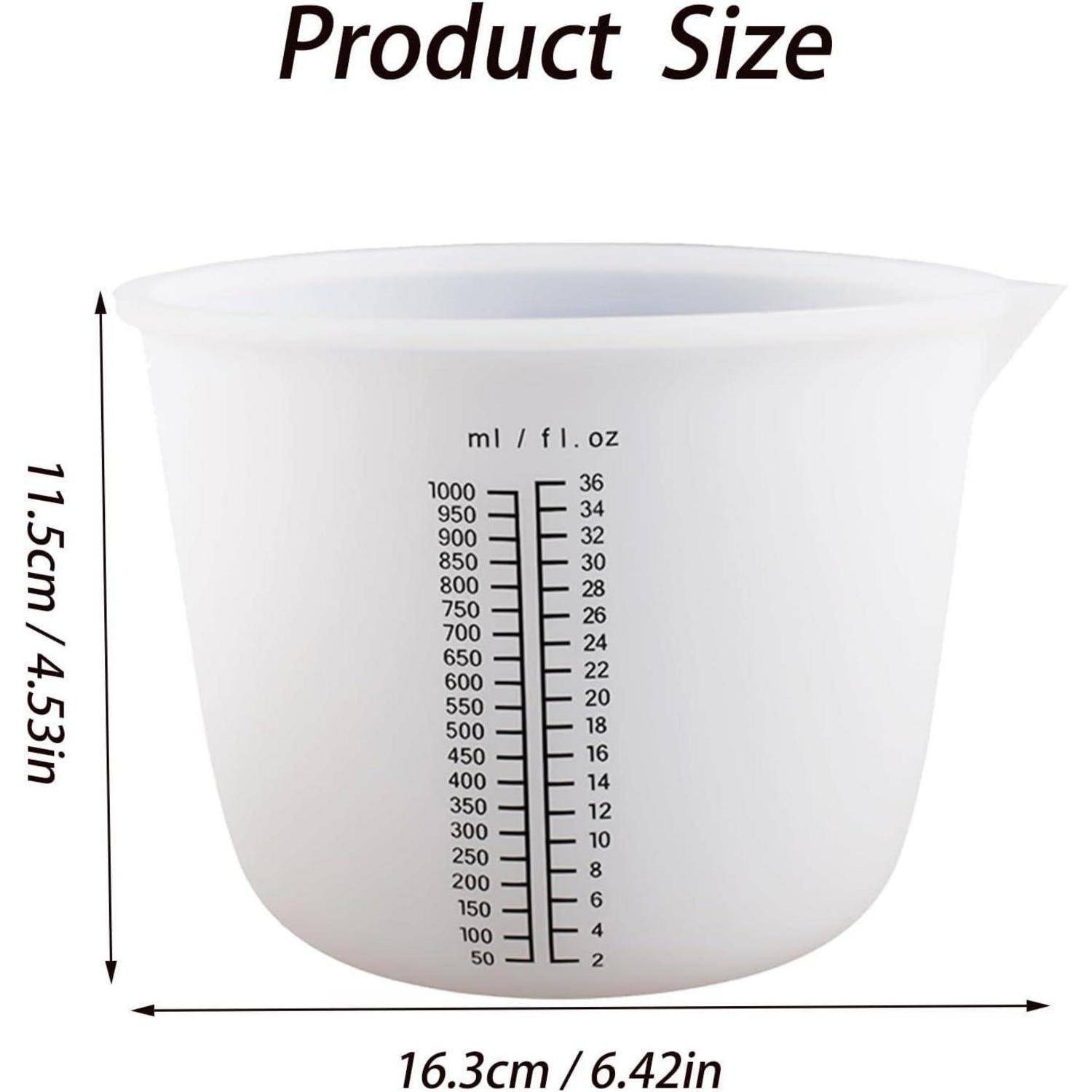 Größendiagramm eines Produkts einer durchsichtigen Kunststoffschüssel, 11,5 cm hoch und 16,3 cm breit, mit Volumenmarkierungen von 50 bis 1000 ml und 2 bis 36 fl oz.