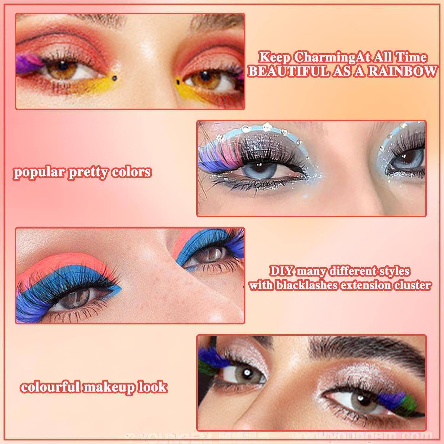 Collage aus farbenfrohem Augenmake-up und künstlichen Wimpern in mehreren Stilen, mit Text, der 'Keep Charming At All Time BEAUTIFUL AS A RAINBOW' und 'popular pretty colors' bewirbt.