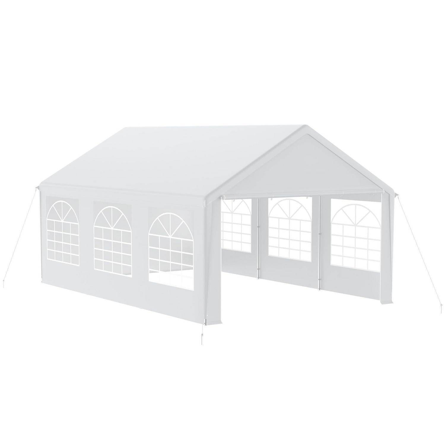 Weißes Außenevent-Zelt mit Spitzdach und gewölbten Fensterfeldern an den Seiten und Frontöffnung.