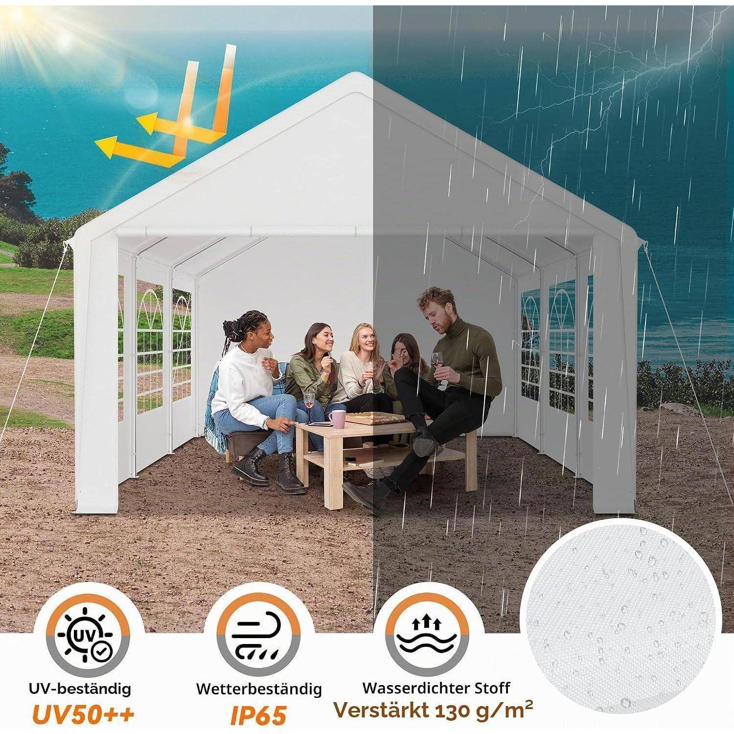 Weißes Gartenzelt mit vier Personen, die um einen Tisch sitzen, aufgeteilt zwischen sonniger UV-Schutz und starkem Regen, um wetterfestes, wasserdichtes Gewebe zu zeigen.