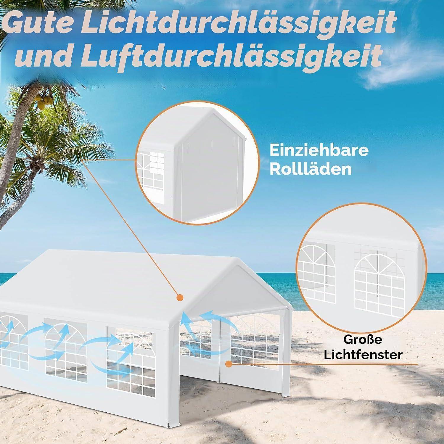 Werbebild eines weißen Strandzelts auf Sand am Meer, gekennzeichnet mit „Gute Lichtdurchlässigkeit und Luftdurchlässigkeit