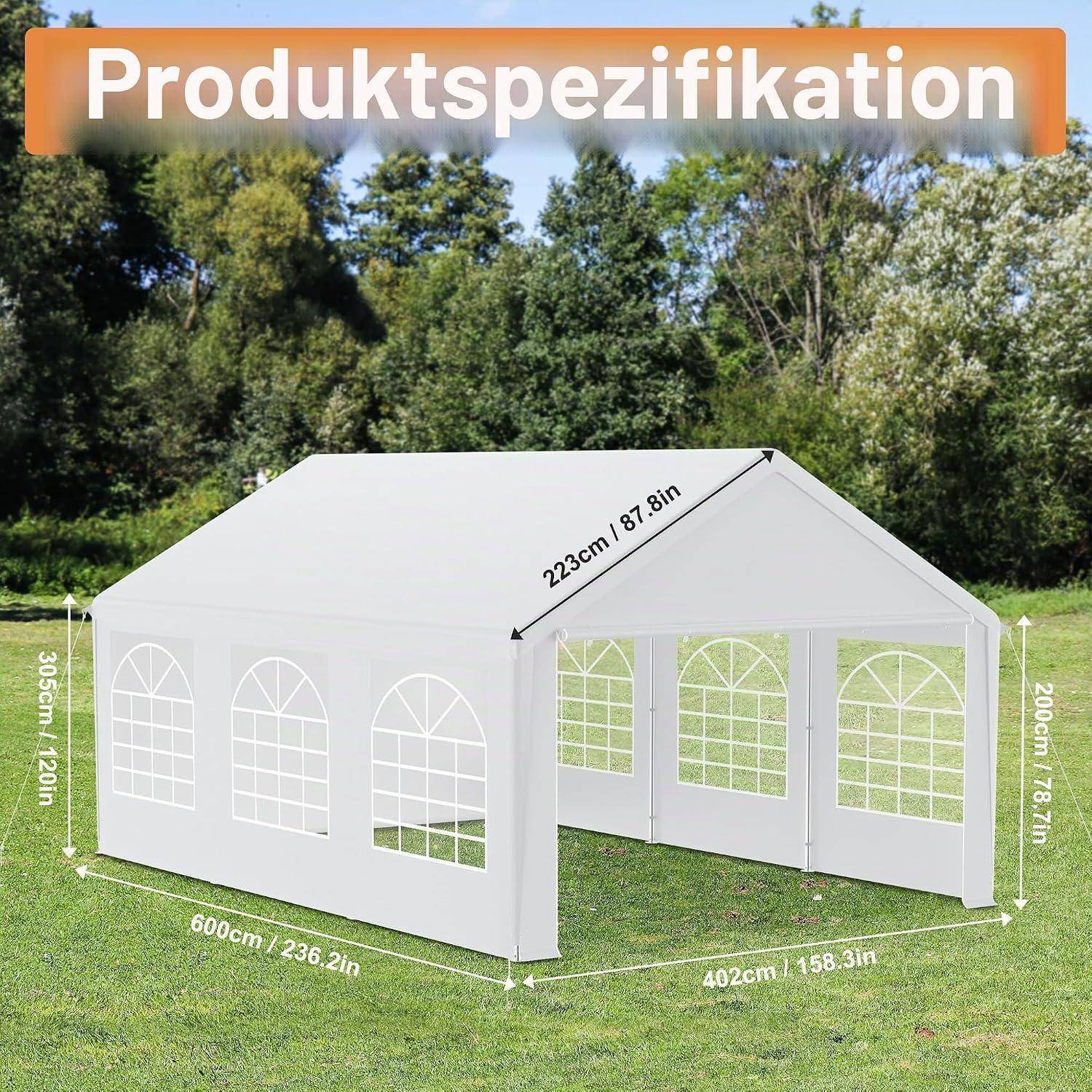 Produktspezifikation für ein weißes Außenpavillonzelt auf Gras mit den Abmessungen: 600 cm x 402 cm x 305 cm, mit Seitenhöhen von 223 cm und Fronthöhe von 200 cm.