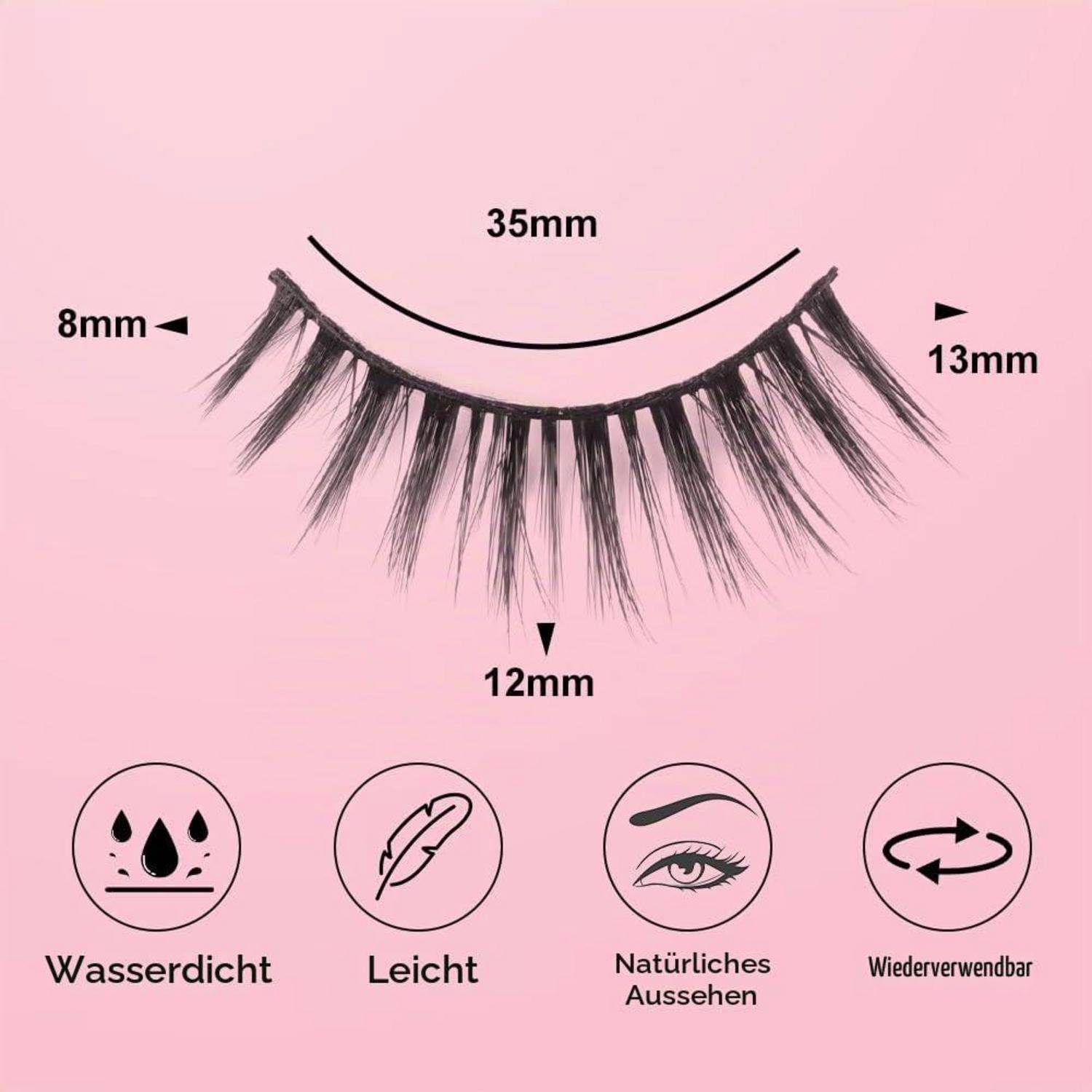 Falsche Wimpernreihe auf rosa Hintergrund mit Beschriftung 35 mm lang, 8 mm innen, 13 mm außen, 12 mm Mitte; Symbole weisen auf wasserfest, leicht, natürliches Aussehen, wiederverwendbar hin.