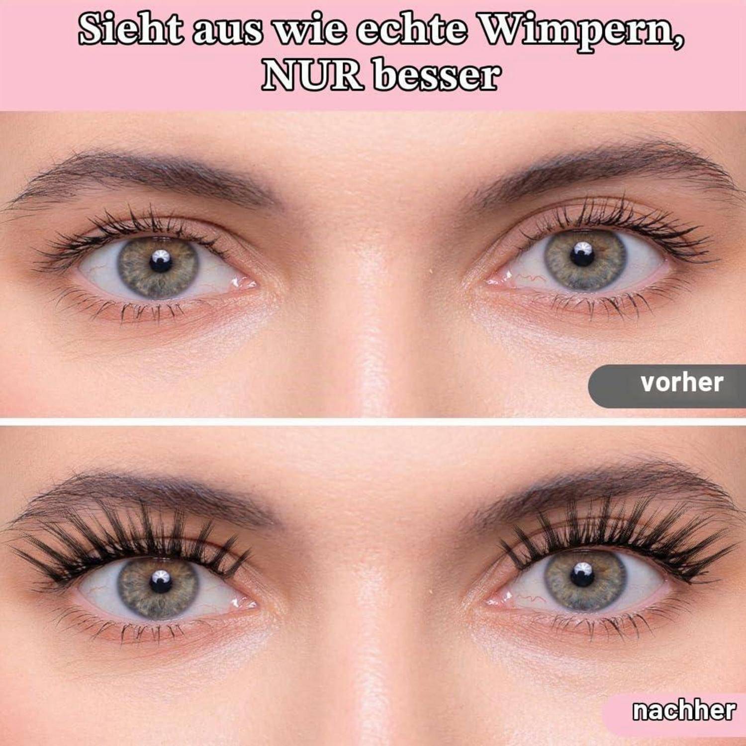 Vorher und Nachher Nahaufnahme von Augen, die Mascara oder Wimpernverstärkung zeigen; Text lautet „Sieht aus wie echte Wimpern, NUR besser