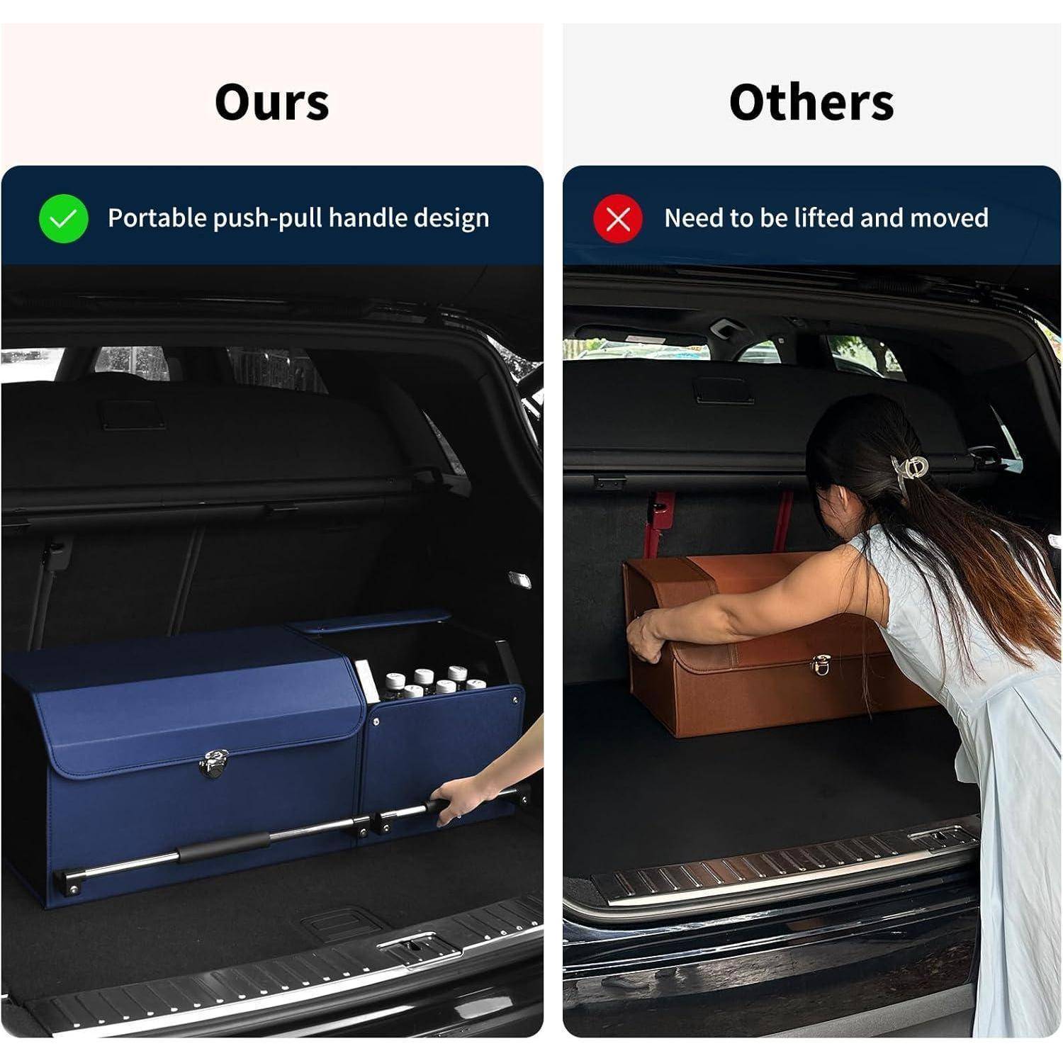 Vergleich von Autokofferräumen nebeneinander: „Unserer" verwendet einen tragbaren Schiebe-Zieh-Griff zum Gleiten von Gepäck; „Andere"" erfordern das Heben und Bewegen einer Box.