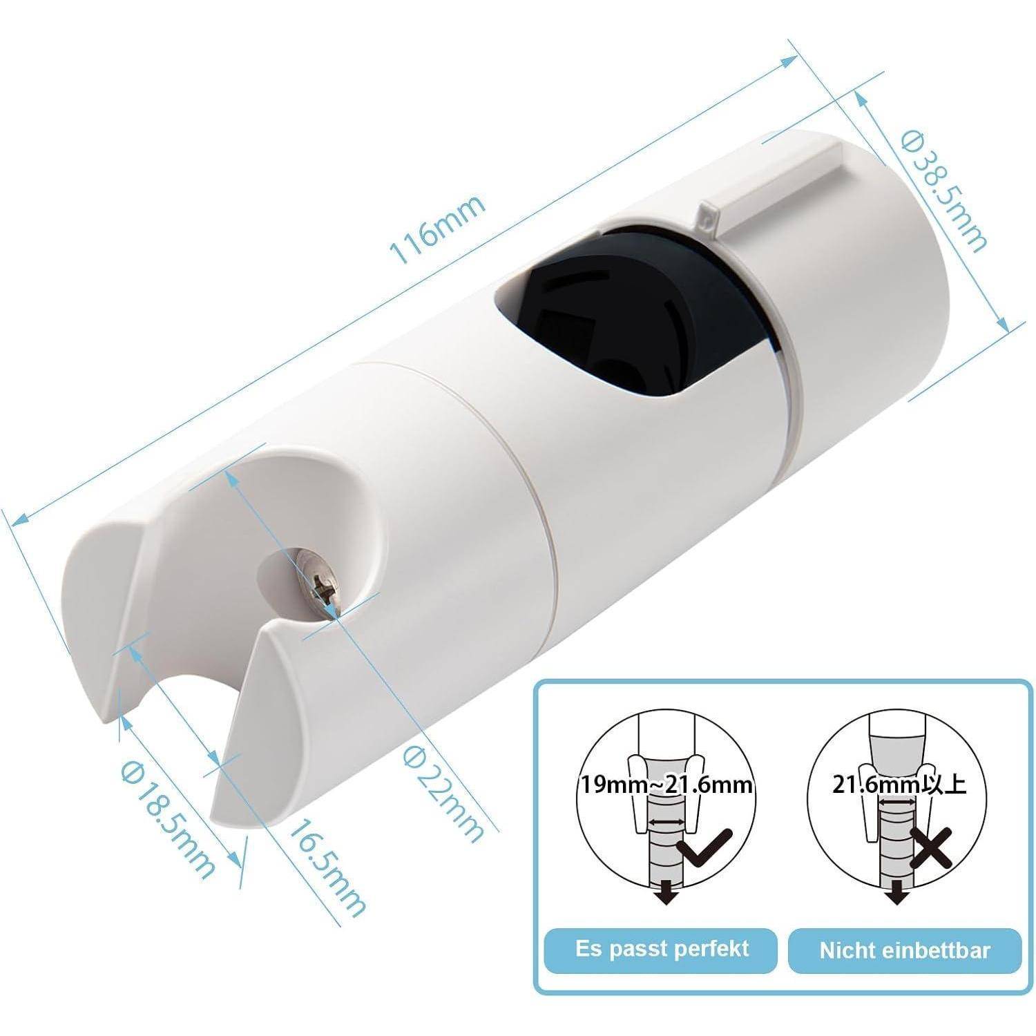 Weißer zylindrischer aufsteckbarer Sensorhalter, 116 mm lang und 38,5 mm breit, mit Größenangaben und einer Montageanleitung, die zeigt, dass 19-21,6 mm passt und 21,6 mm oder mehr passt nicht.