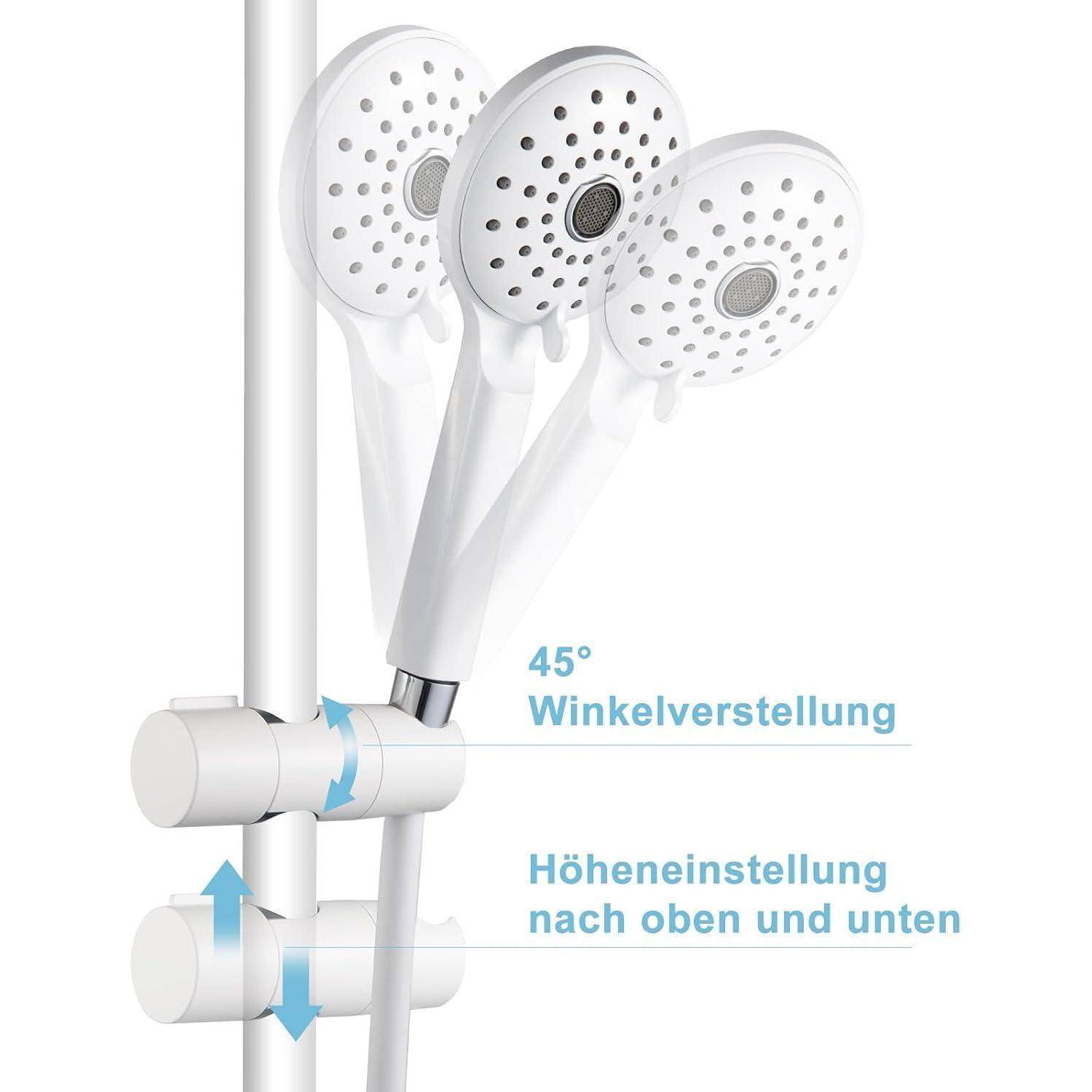 Illustration eines Duschkopfes mit verstellbarem Neigungswinkel 45 Grad und Höheneinstellung nach oben und unten, beschriftet mit 'Winkelverstellung' und 'Höheneinstellung nach oben und unten'.