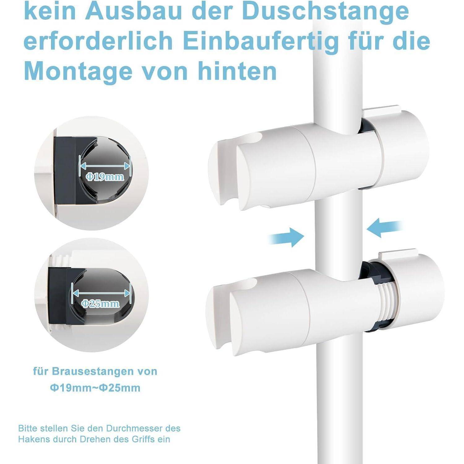 Duschstangen-Halter, der von hinten montiert wird, ohne die Stange zu demontieren, für 19-25 mm Stangen