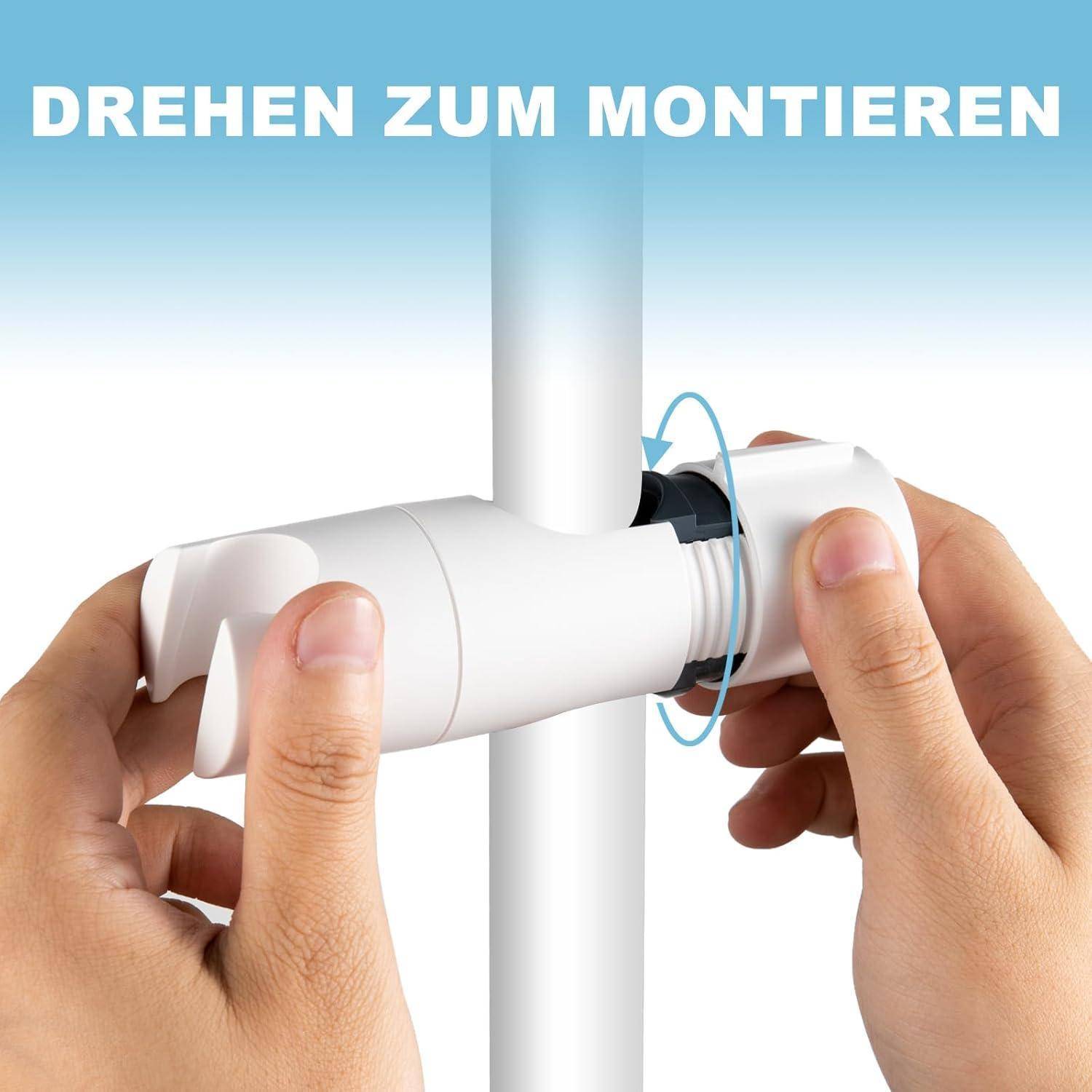 Hände drehen eine weiße Klemme um einen Pfosten, mit deutschem Text „DREHEN ZUM MONTIEREN
