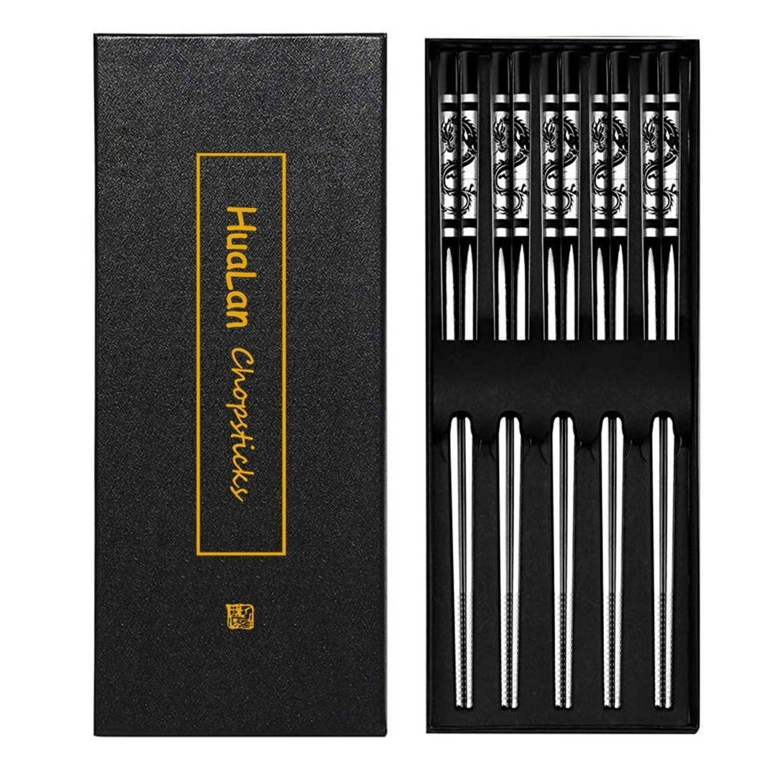 Schwarzes Essstäbchen-Set in einer Präsentationsbox mit der Aufschrift 