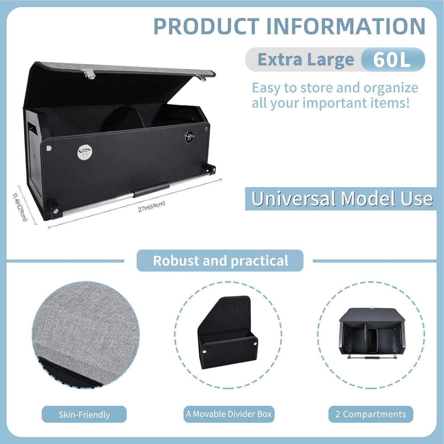 Produktinformation für eine 60L extra große universelle Aufbewahrungsbox, geöffnet mit Abmessungen und Funktionen: hautfreundlicher Stoff, beweglicher Teiler und 2 Fächer.