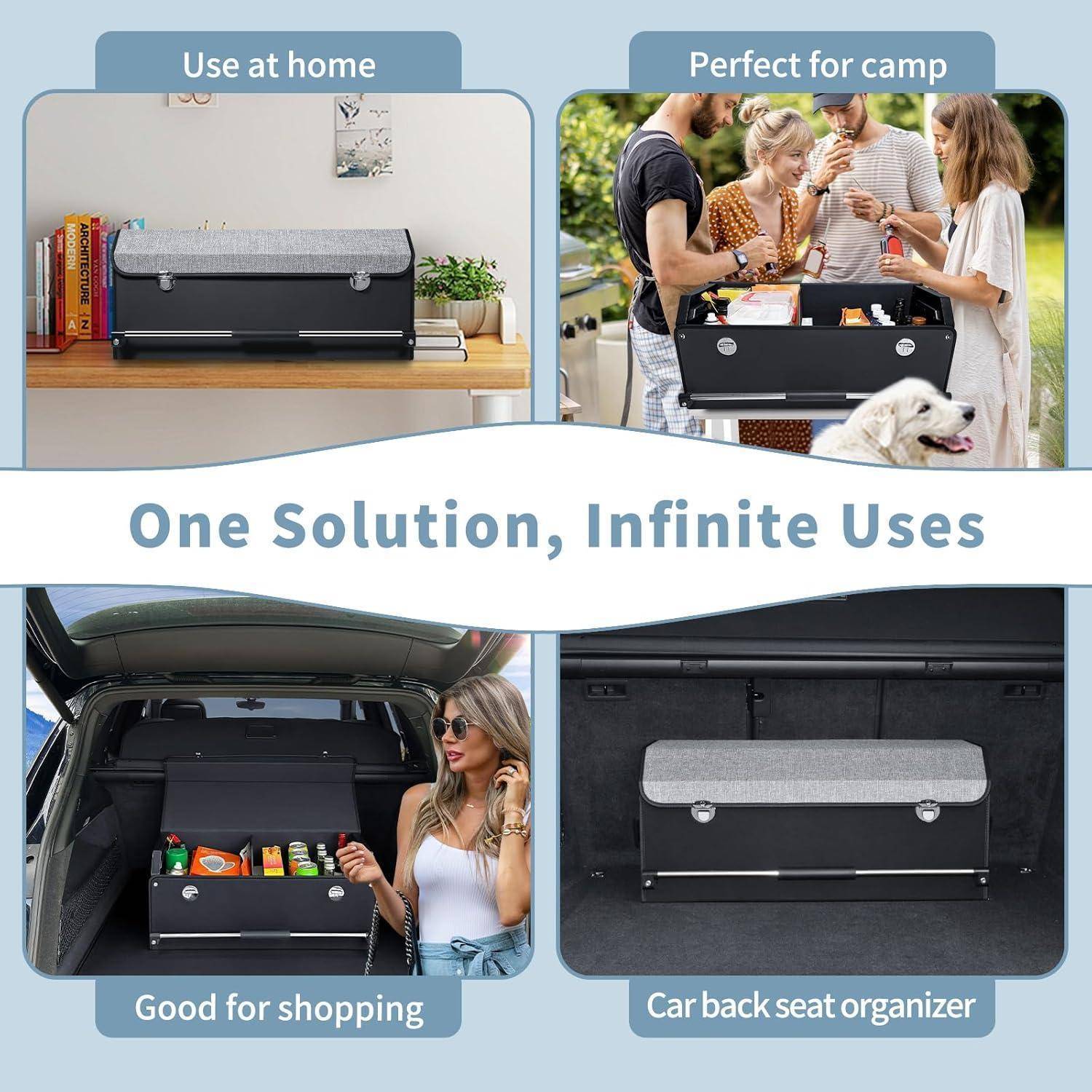 Werbe-Collage, die eine faltbare Aufbewahrungsbox zeigt, die zu Hause, beim Camping, beim Einkaufen und auf der Rückbank eines Autos verwendet wird, mit dem Slogan „Eine Lösung, unendlich viele Anwendungen