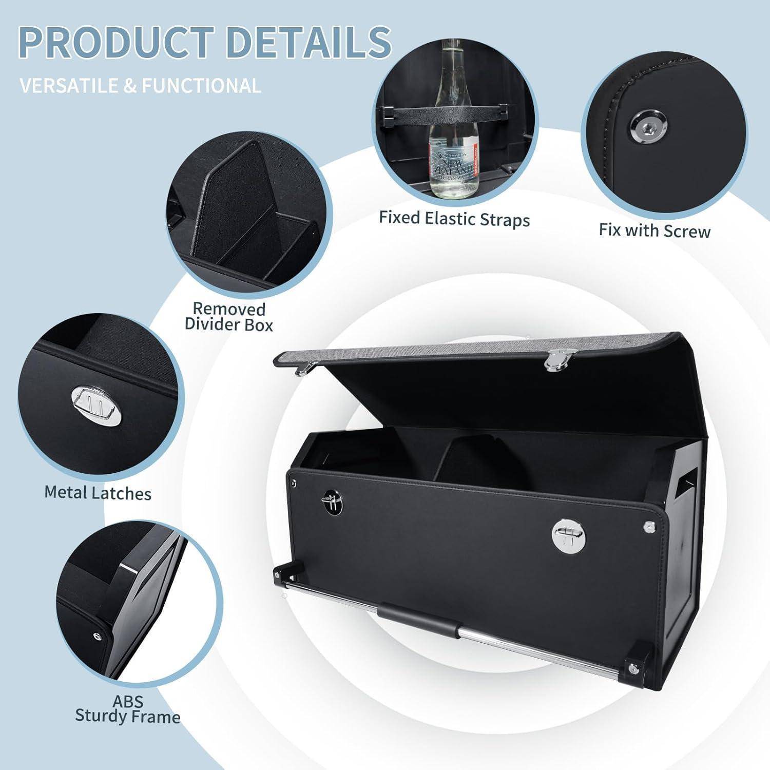 Produktdetails-Grafik einer schwarzen Aufbewahrungsbox mit Deckel und Griff, mit Hervorhebung der abnehmbaren Trennbox, festen elastischen Riemen, Schraubenbefestigung, Metallverschlüssen und stabilem ABS-Rahmen.